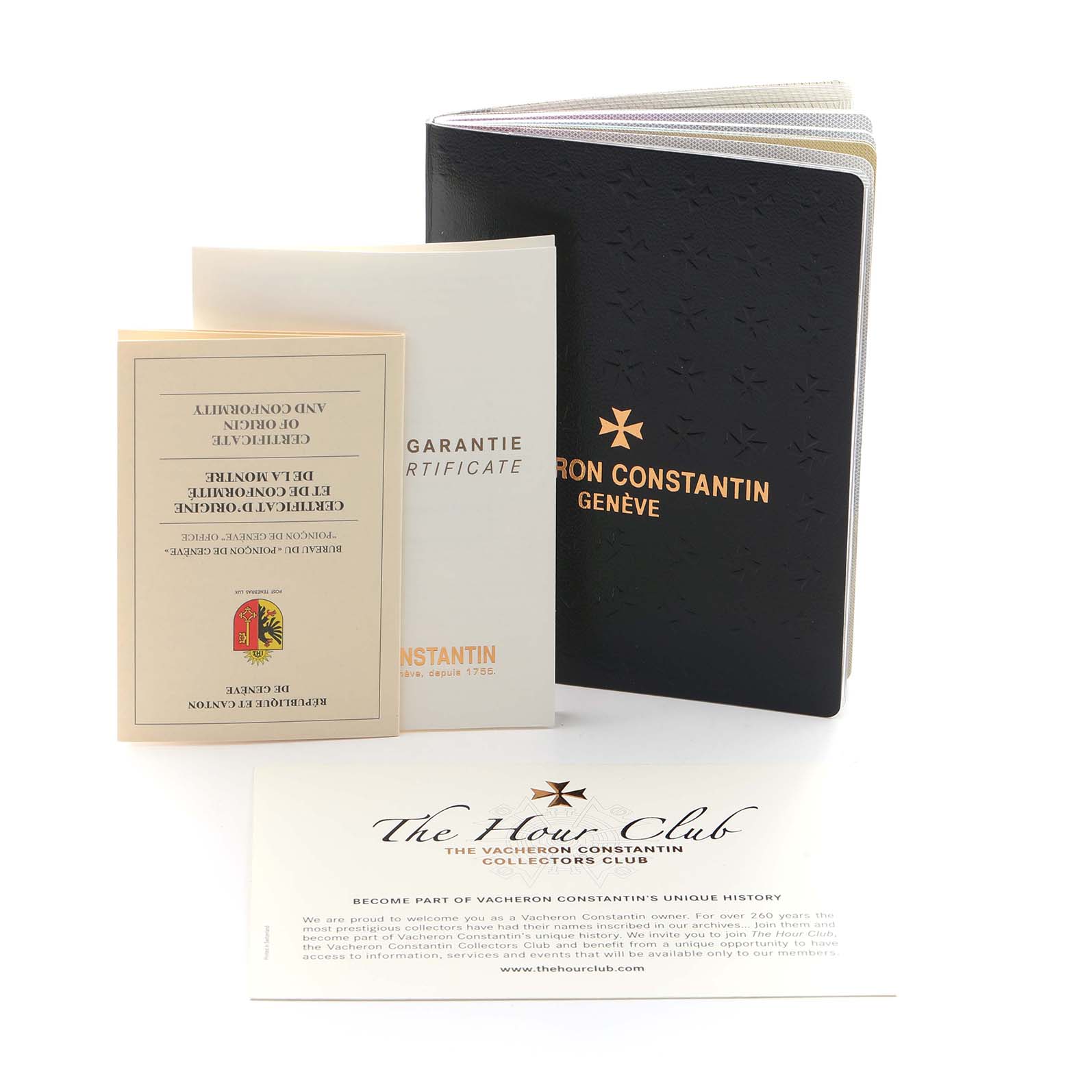 The image shows documentation and booklets for the Vacheron Constantin Patrimony 81180 Men
s Rose Gold Grey Dial model, viewed from the front.