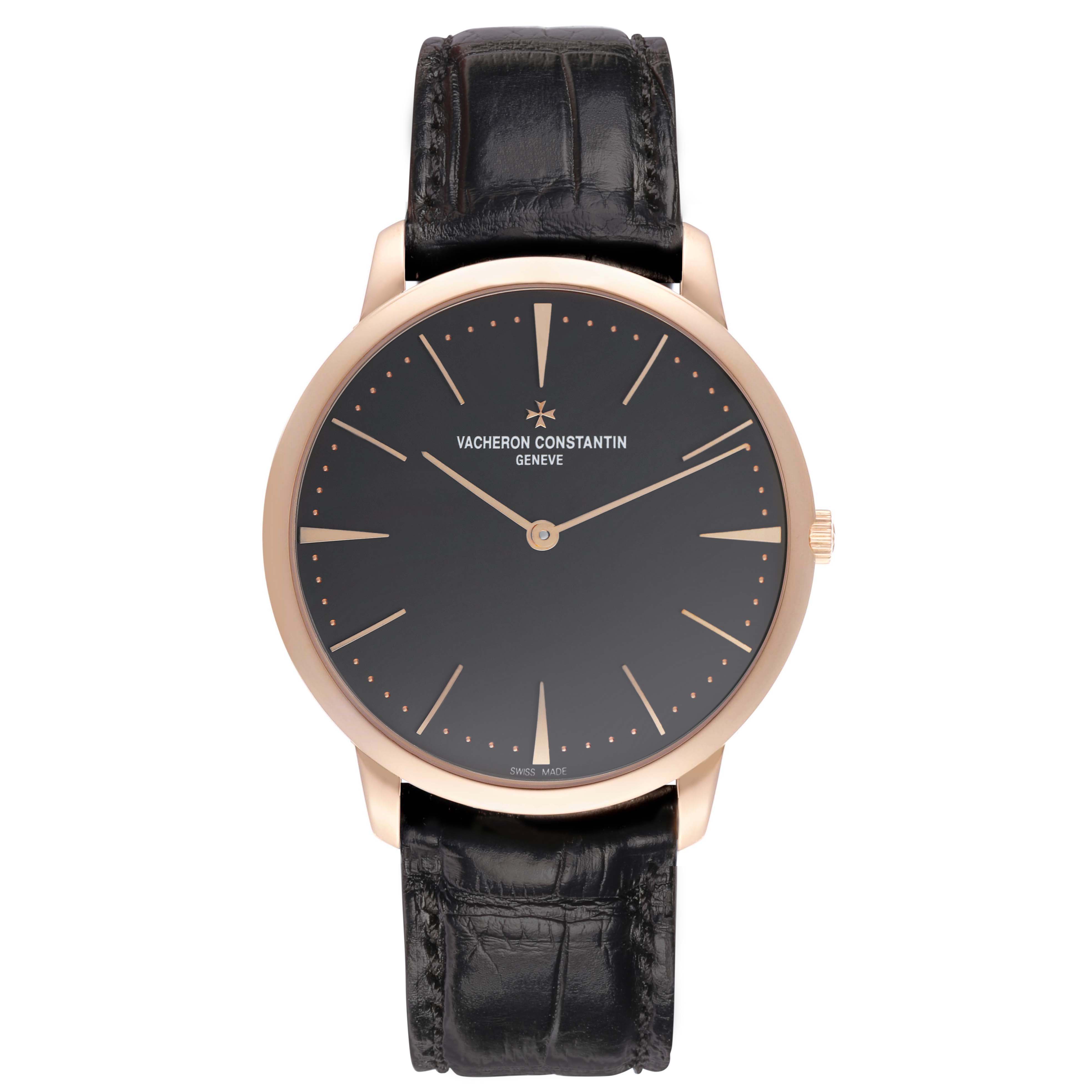 The Vacheron Constantin Patrimony 81180 Men's Rose Gold Grey Dial is shown from the front, highlighting its black dial, gold markers, and leather strap.