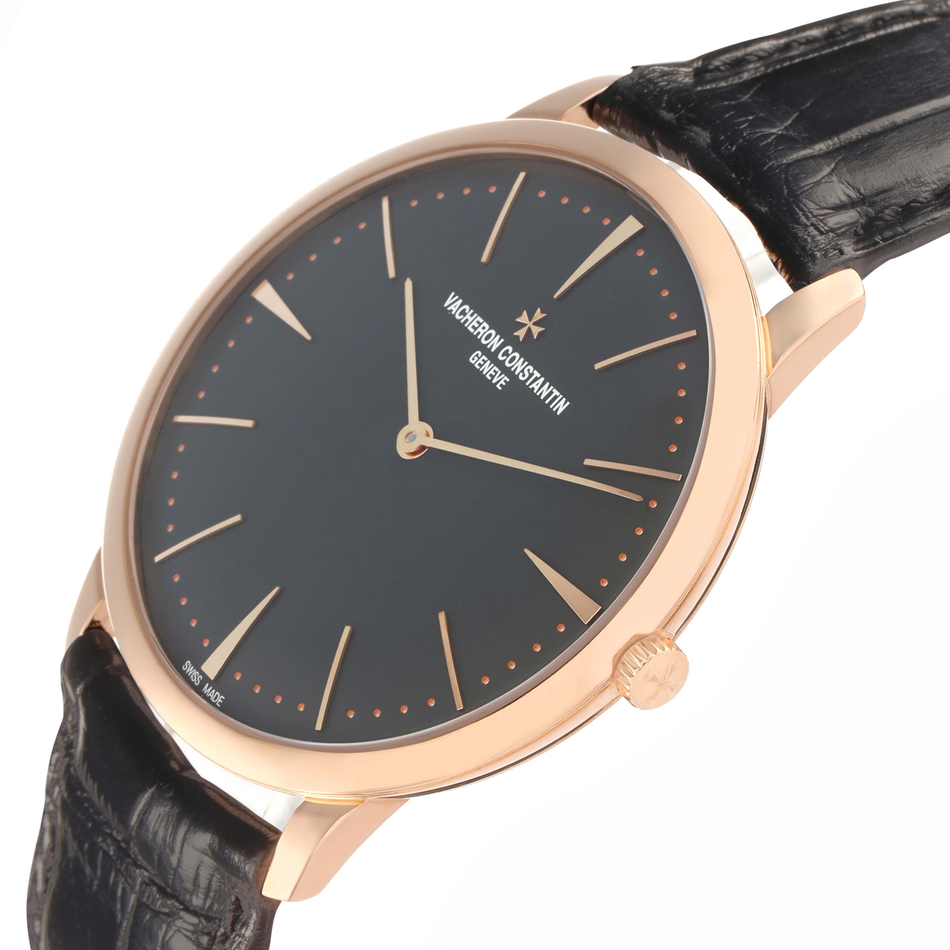 The Vacheron Constantin Patrimony 81180 Men
s Rose Gold Grey Dial watch is shown at a slight angle, highlighting the case, dial, crown, and strap connection.