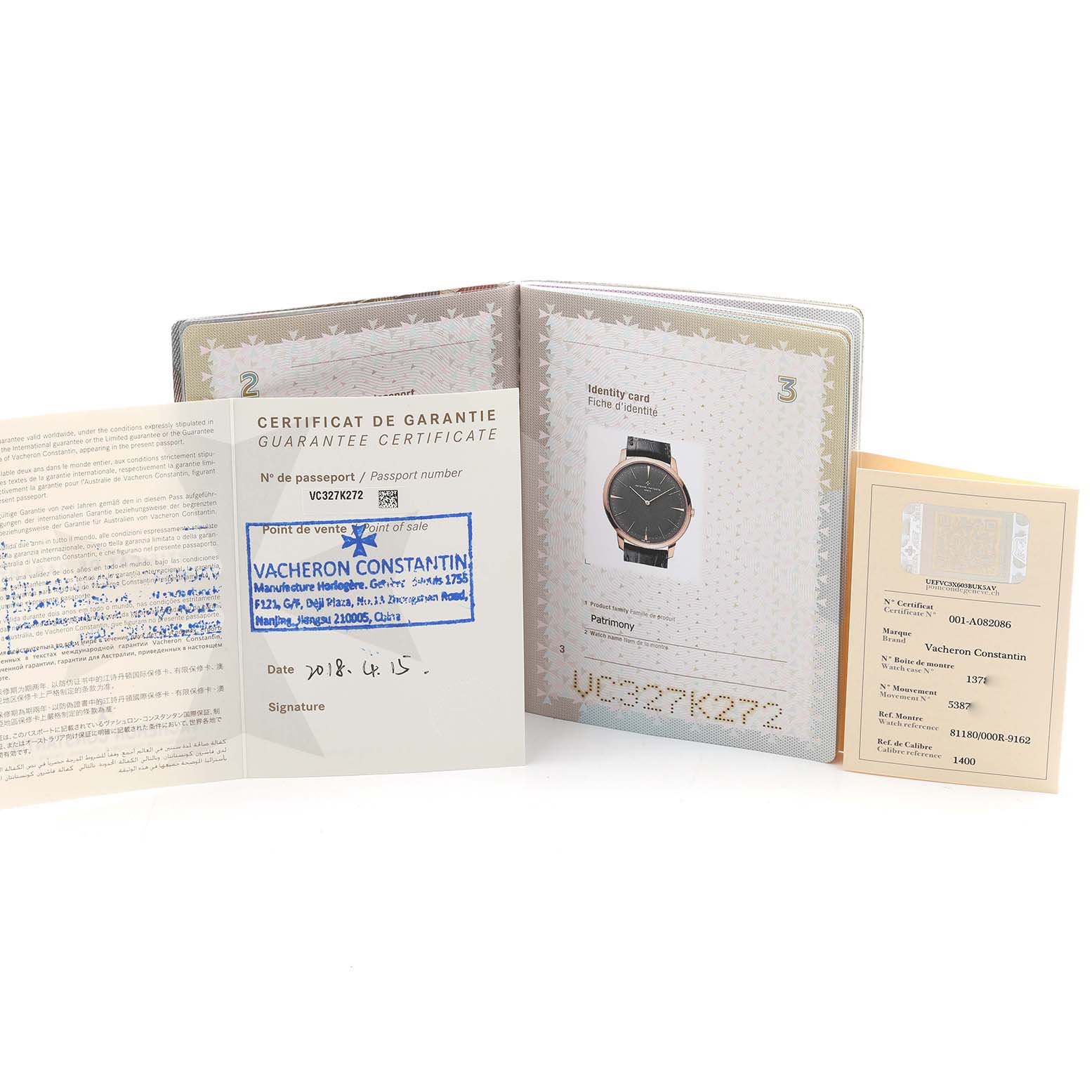 The image shows documentation and a booklet featuring the Vacheron Constantin Patrimony 81180 Men
s Rose Gold Grey Dial model, including a picture of the watch.
