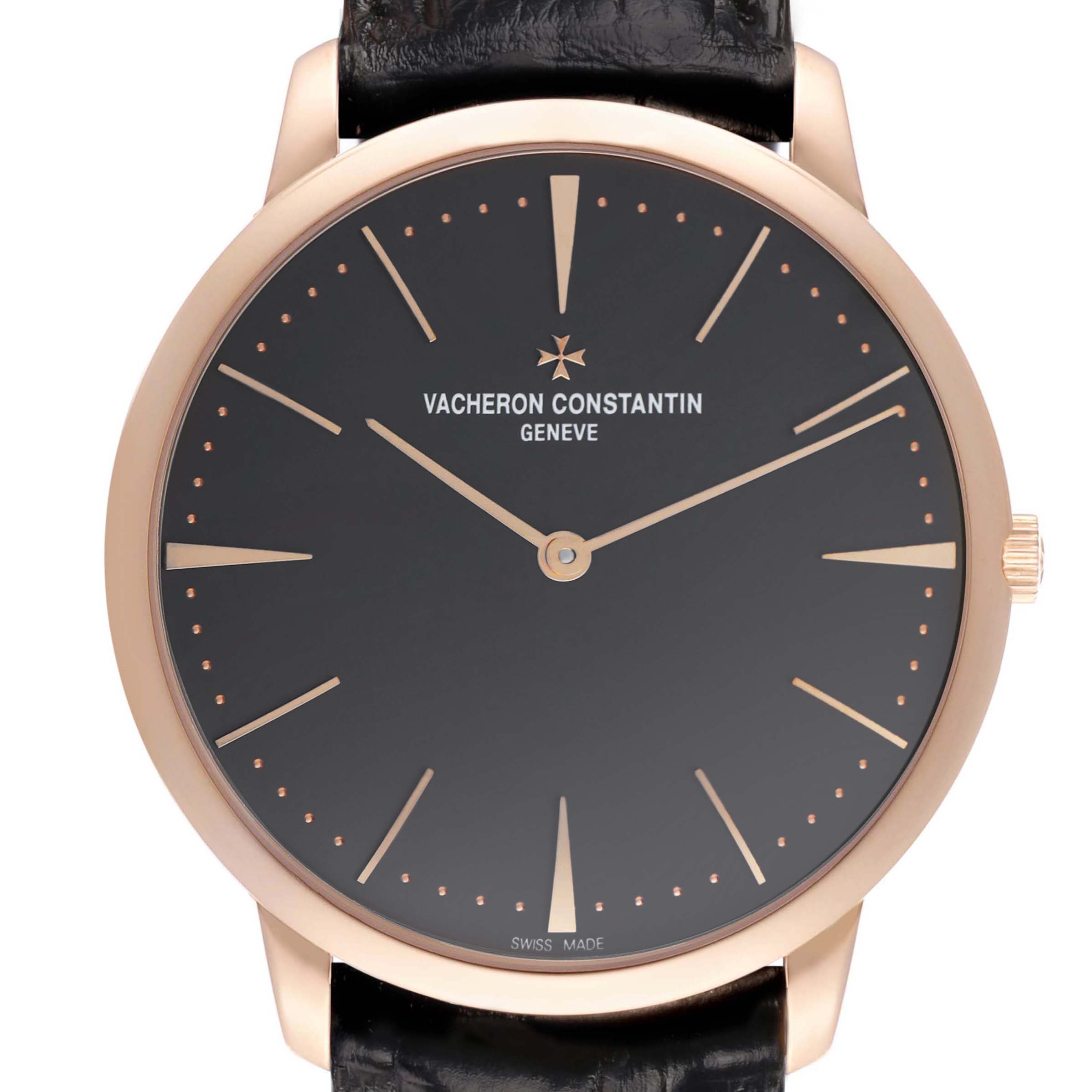 The image shows a front angle of the Vacheron Constantin Patrimony 81180 Men's Rose Gold Grey Dial watch, highlighting its dial, hands, and leather strap.
