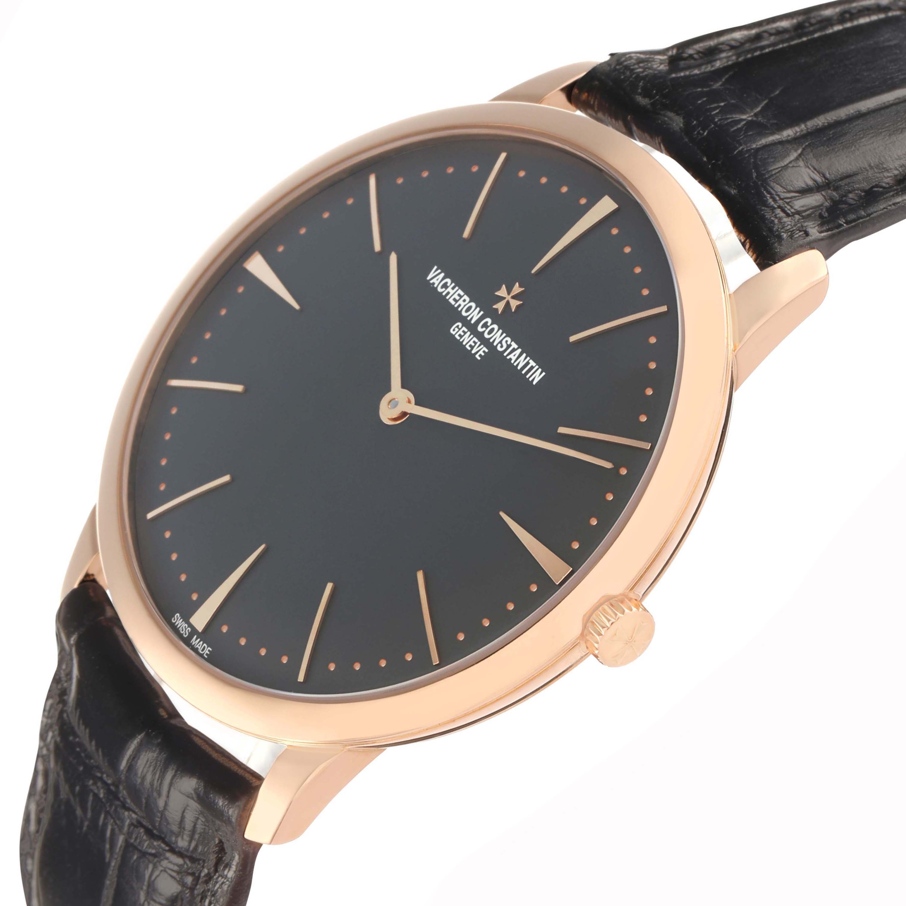 The image shows the Vacheron Constantin Patrimony 81180 Men's Rose Gold Grey Dial watch at a slight angle, highlighting the dial, hands, bezel, and crown with a leather strap.