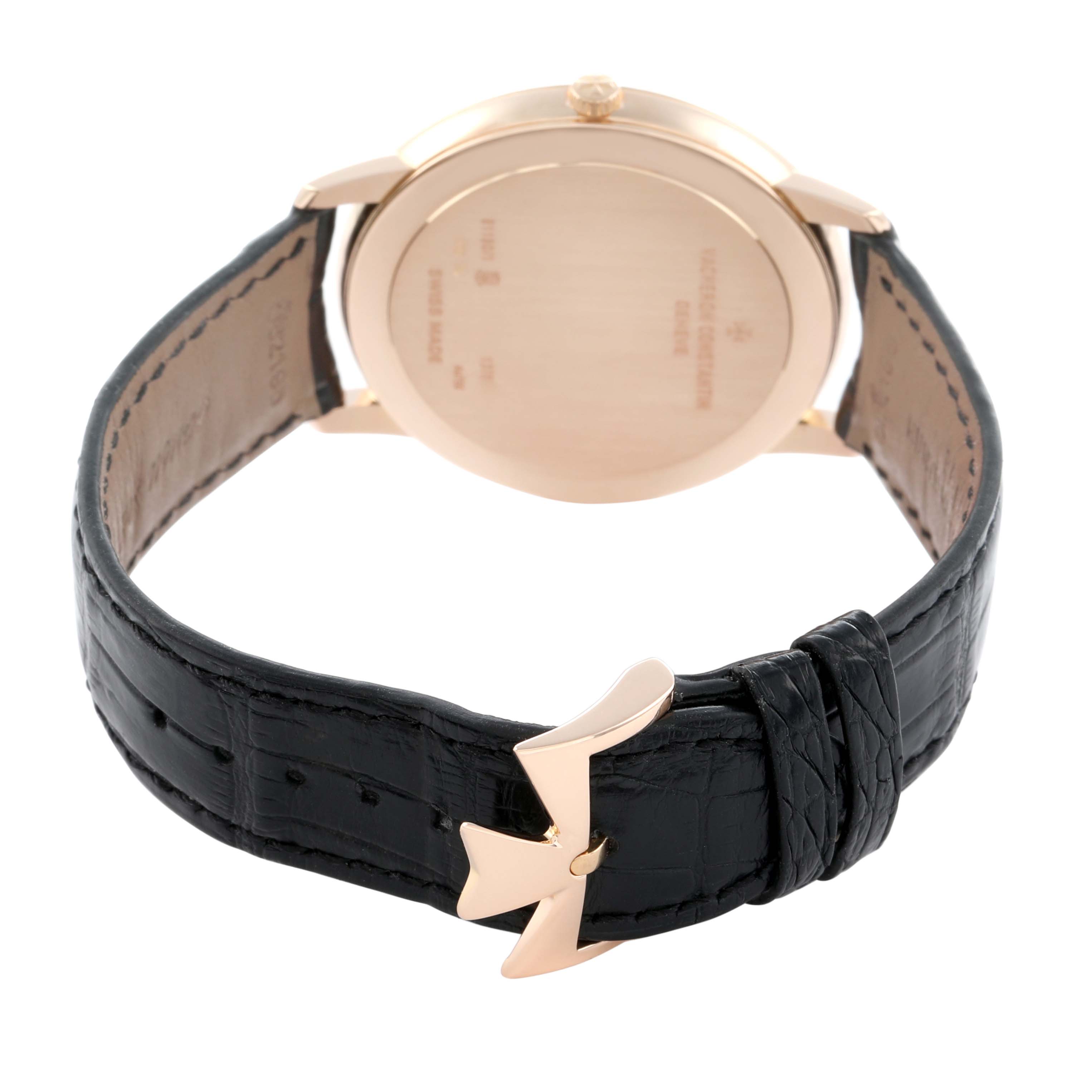 The image shows the back case and clasp of a Vacheron Constantin Patrimony 81180 Men
s Rose Gold Grey Dial watch at a slight angle, highlighting its strap and buckle.