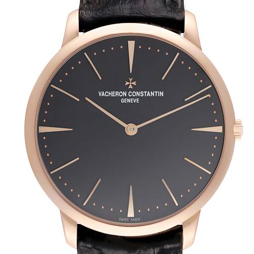 The image shows a front view of the Vacheron Constantin Patrimony 81180 Men's Rose Gold Grey Dial watch, highlighting its face, hands, and strap.