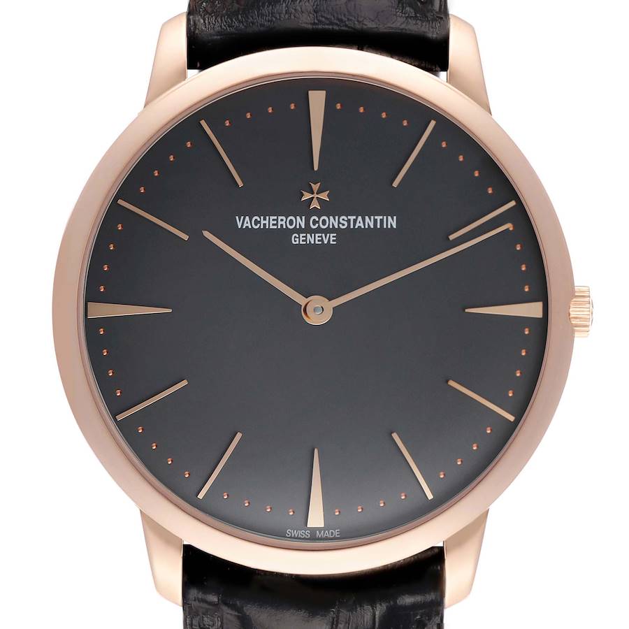The Vacheron Constantin Patrimony 81180 Men's Rose Gold Grey Dial watch is shown from a front angle, highlighting its dial, hands, and crown.