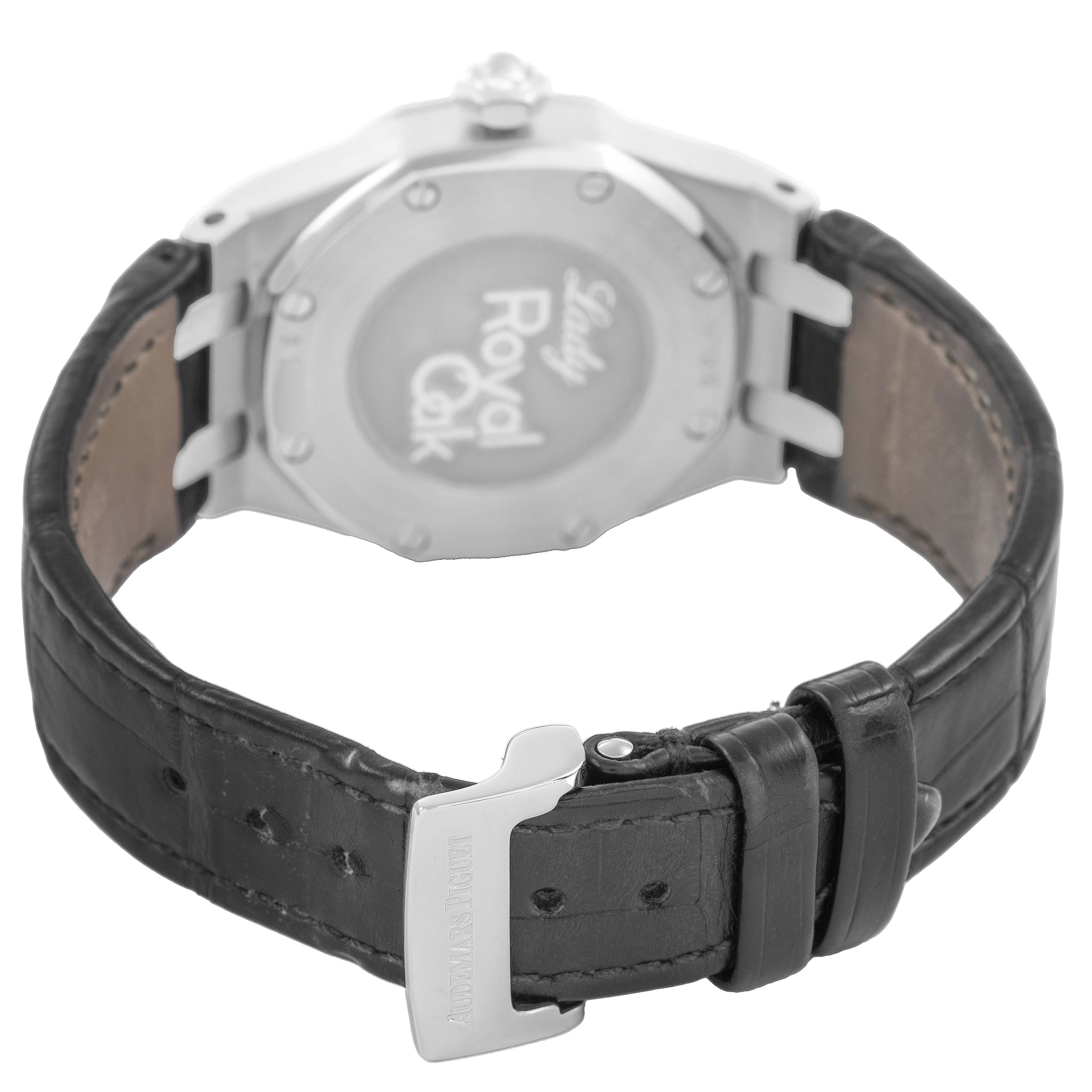 The image shows the back and clasp of a Royal Oak watch by Audemars Piguet, highlighting the strap and case back.