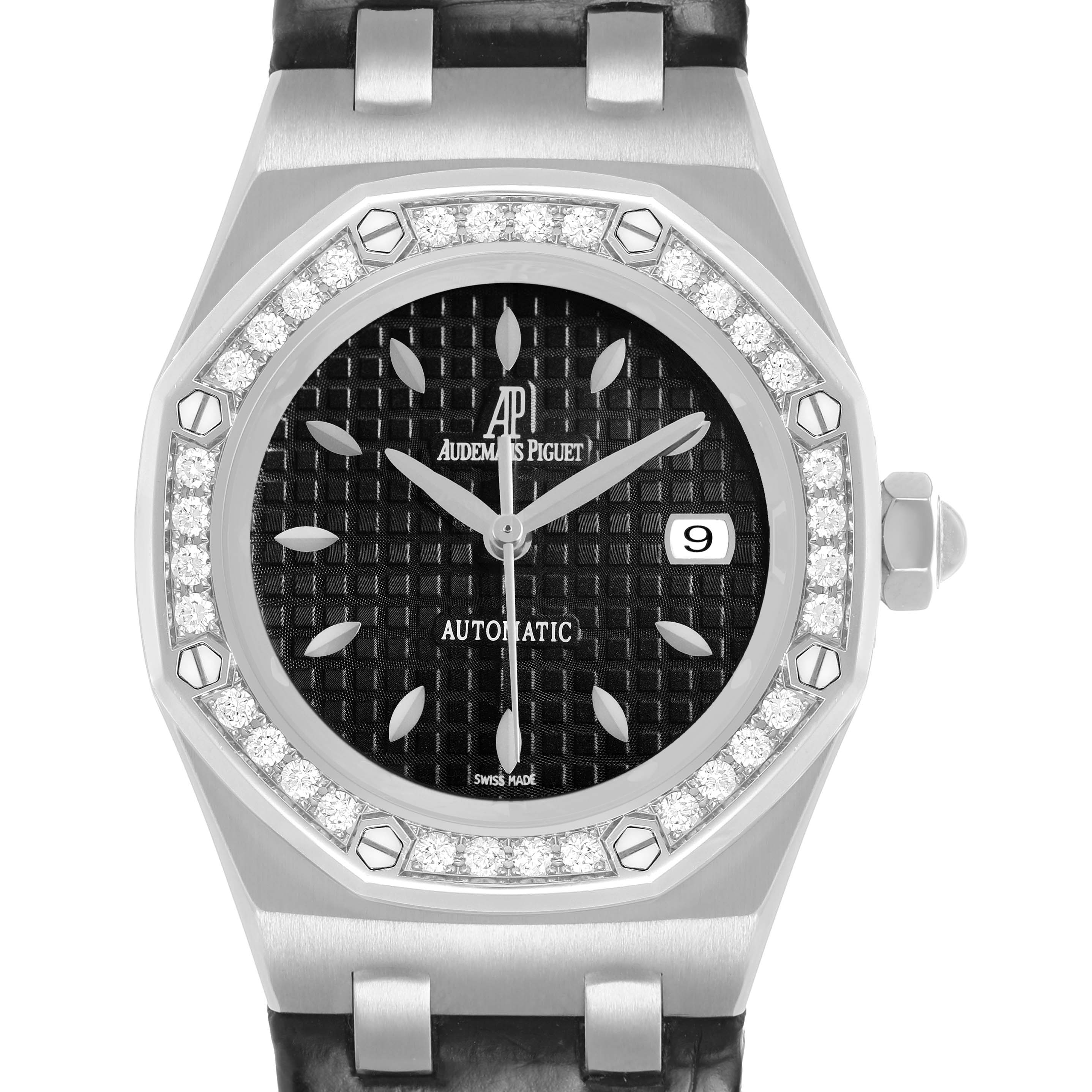 The Audemars Piguet Royal Oak 77321ST.ZZ.D002CR.01 Women's Stainless Steel Black Dial watch is shown from the front, displaying the dial, bezel, hands, and date window.