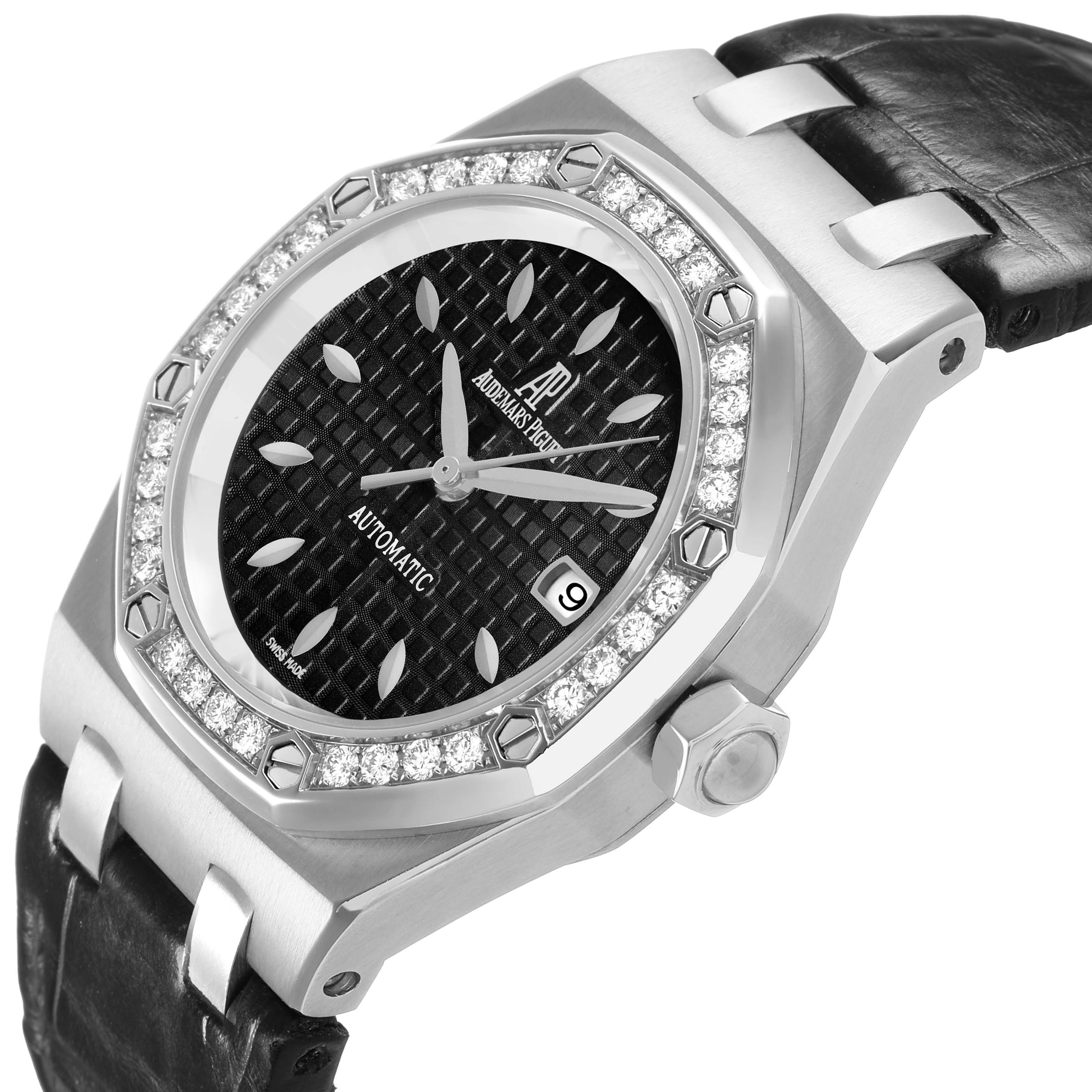 The Audemars Piguet Royal Oak 77321ST.ZZ.D002CR.01 Women's Stainless Steel Black Dial watch is shown at an angle highlighting the face, bezel with diamonds, and black leather strap.