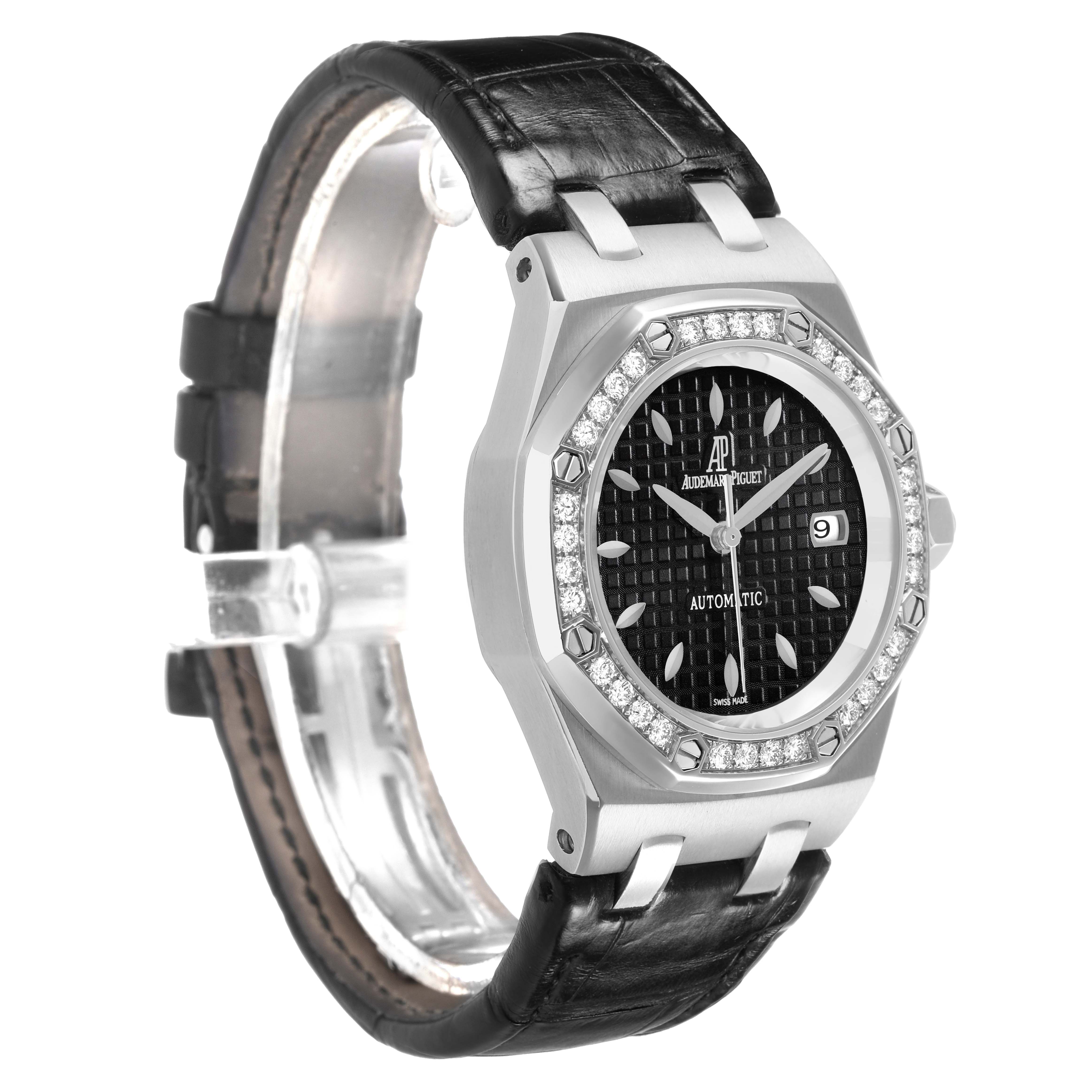 The Audemars Piguet Royal Oak 77321ST.ZZ.D002CR.01 Women's Stainless Steel Black Dial watch is shown from a three-quarter angle, highlighting the dial, bezel, and leather strap.
