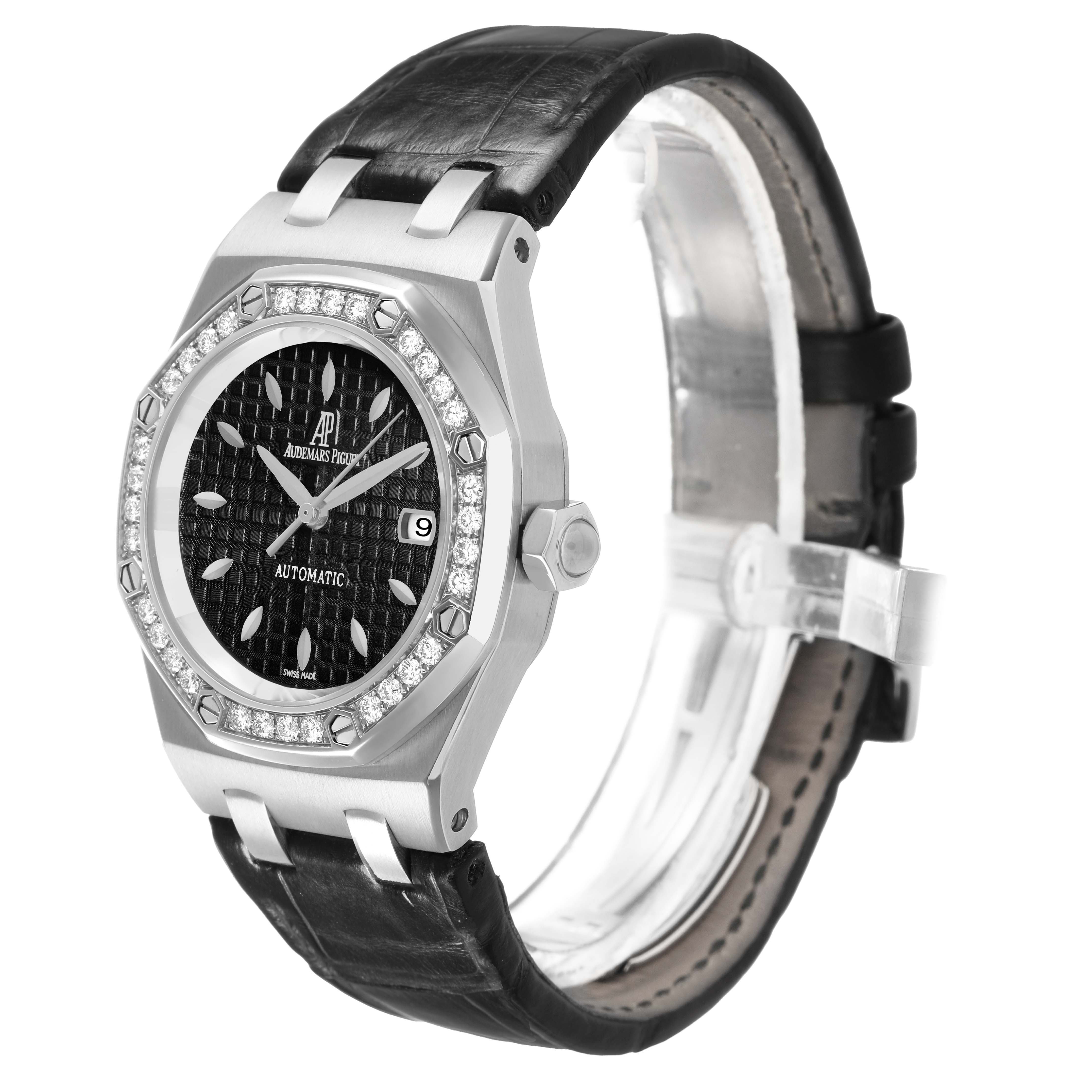 The Audemars Piguet Royal Oak 77321ST.ZZ.D002CR.01 Women's Stainless Steel Black Dial watch is shown at a slight angle, displaying the face, bezel, and part of the strap.