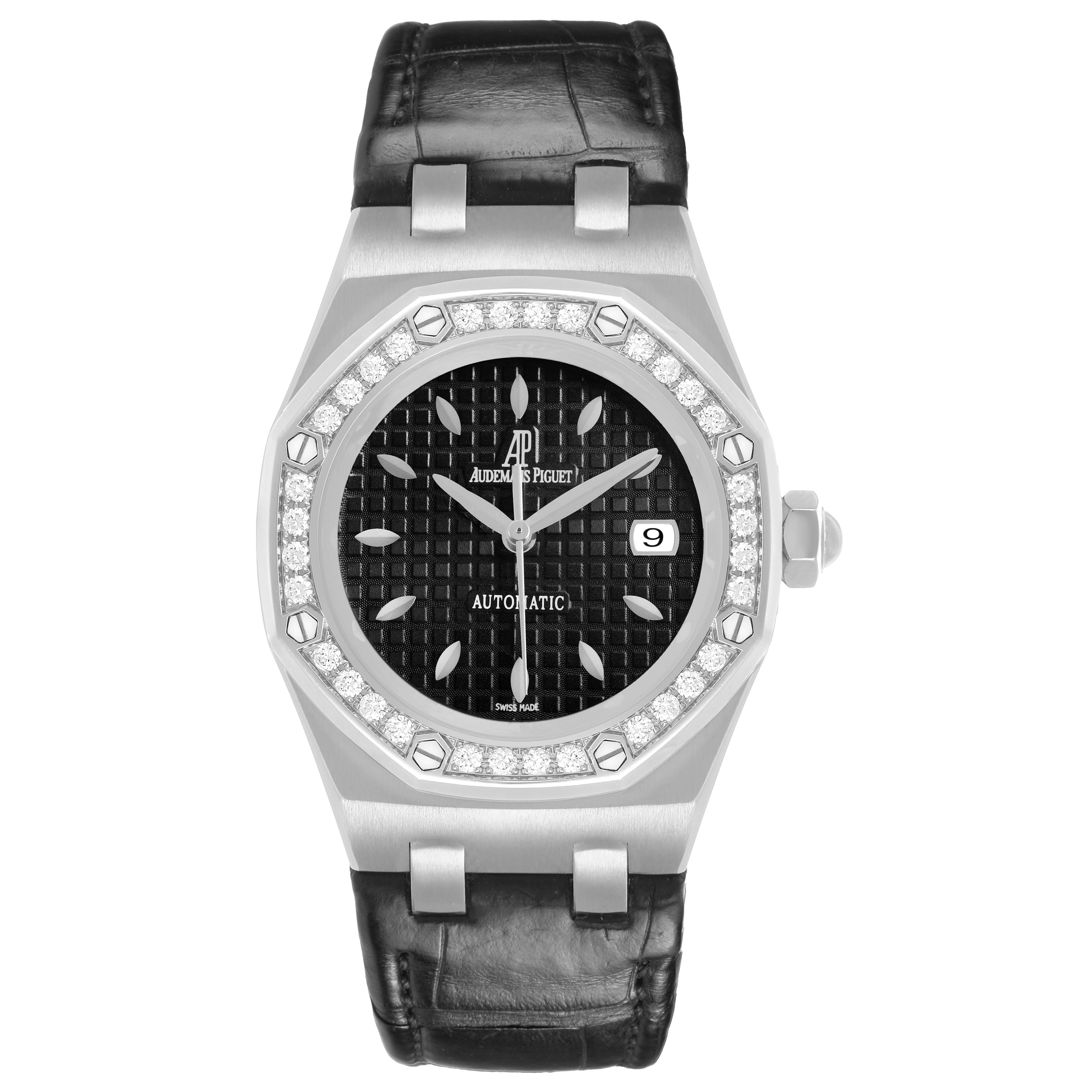 The Audemars Piguet Royal Oak 77321ST.ZZ.D002CR.01 Women's Stainless Steel Black Dial is shown from the front, highlighting the dial, bezel, and leather strap.