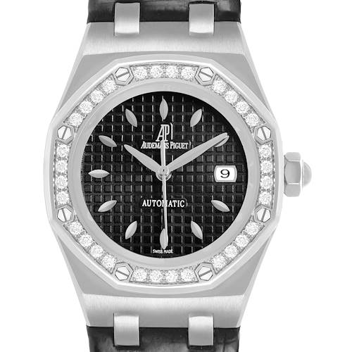 The Audemars Piguet Royal Oak 77321ST.ZZ.D002CR.01 Women's Stainless Steel Black Dial watch is shown from the front, highlighting the dial, bezel with diamonds, and crown.