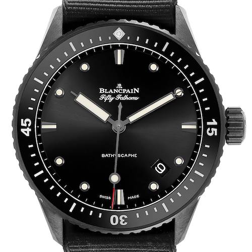 The Blancpain Fifty Fathoms 5000-0130-B52A Men's Stainless Steel Black Dial watch is shown from the front, displaying the dial, bezel, and crown clearly.