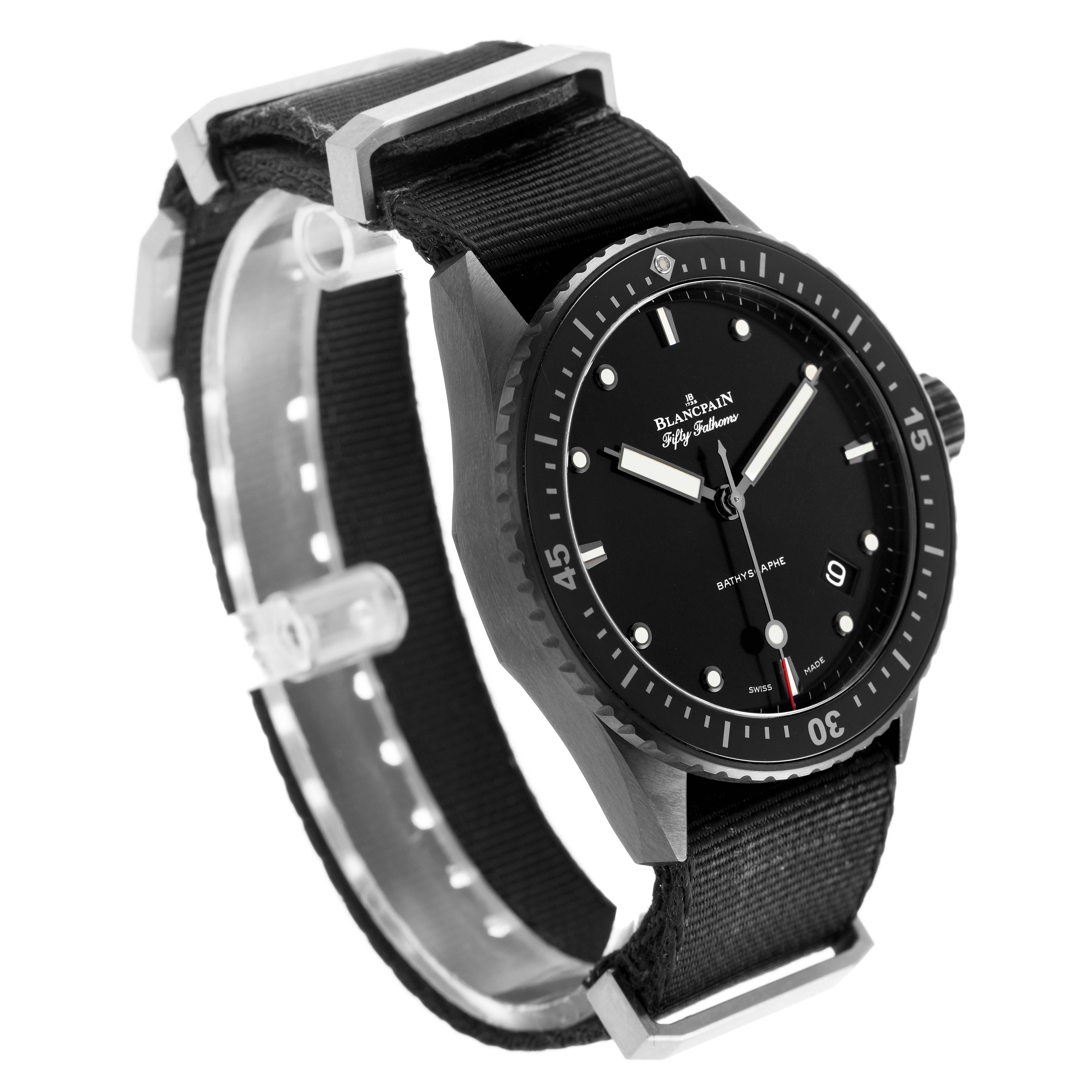 The Blancpain Fifty Fathoms 5000-0130-B52A Men's Stainless Steel Black Dial is shown at an angled view, highlighting the face, bezel, crown, and textured strap.