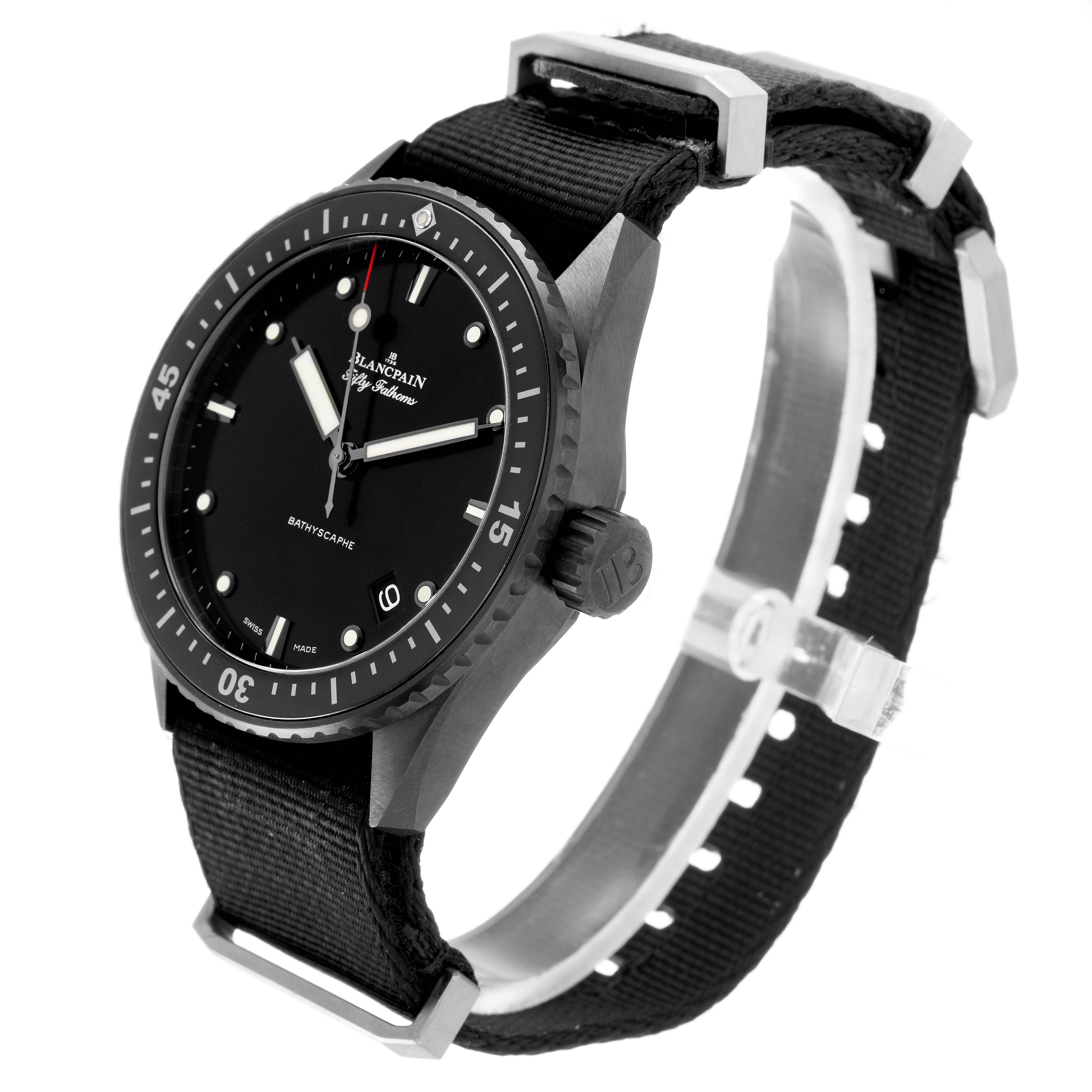 The Blancpain Fifty Fathoms 5000-0130-B52A Men's Stainless Steel Black Dial watch is shown from a three-quarter angle, highlighting the bezel, dial, crown, and NATO strap.