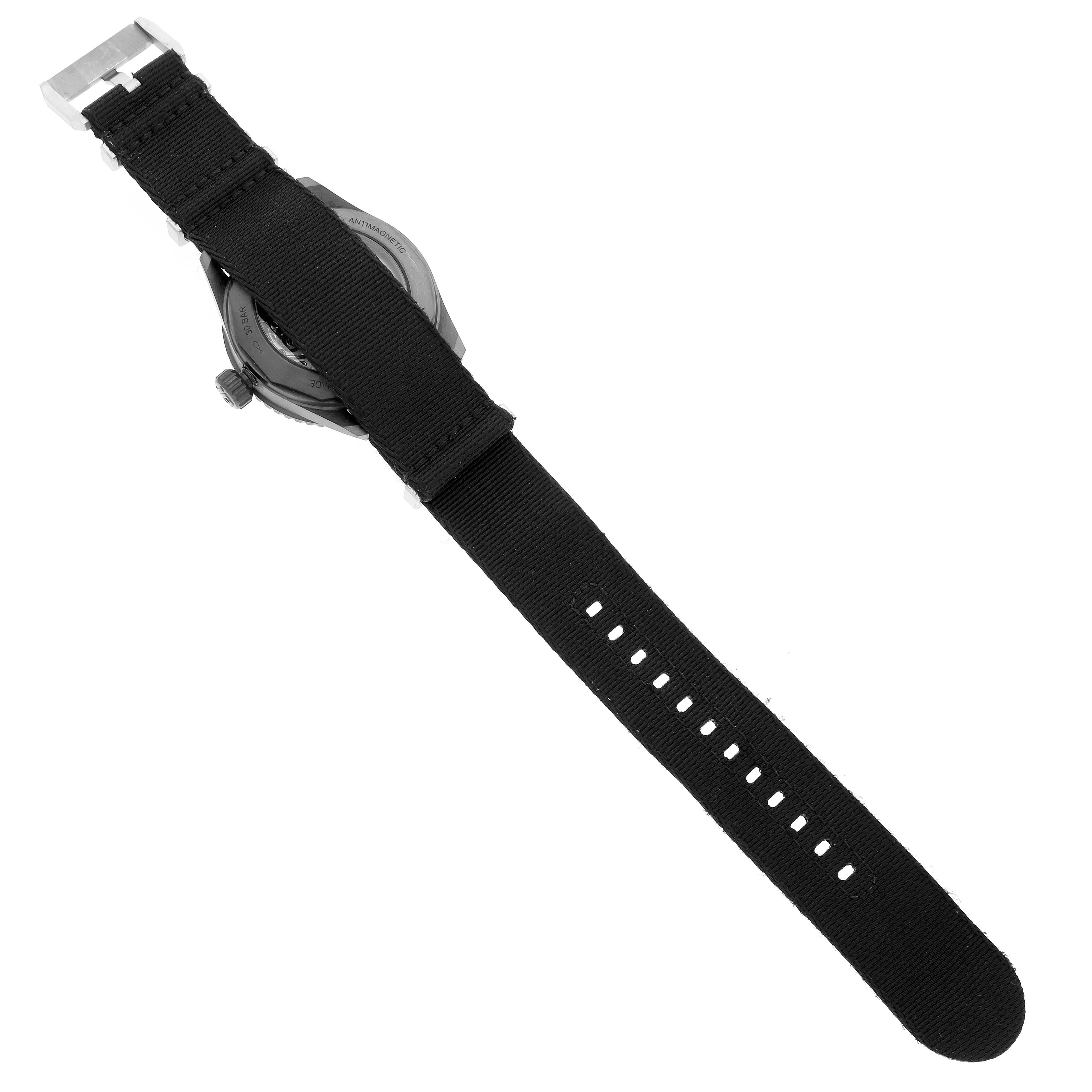 The image shows the back of a Blancpain Fifty Fathoms 5000-0130-B52A Men's Stainless Steel Black Dial watch with its black strap laid out flat.