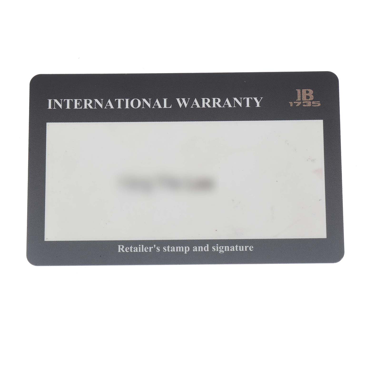 The image shows the "International Warranty" card for the Blancpain Fifty Fathoms 5000-0130-B52A Men's Stainless Steel Black Dial watch.
