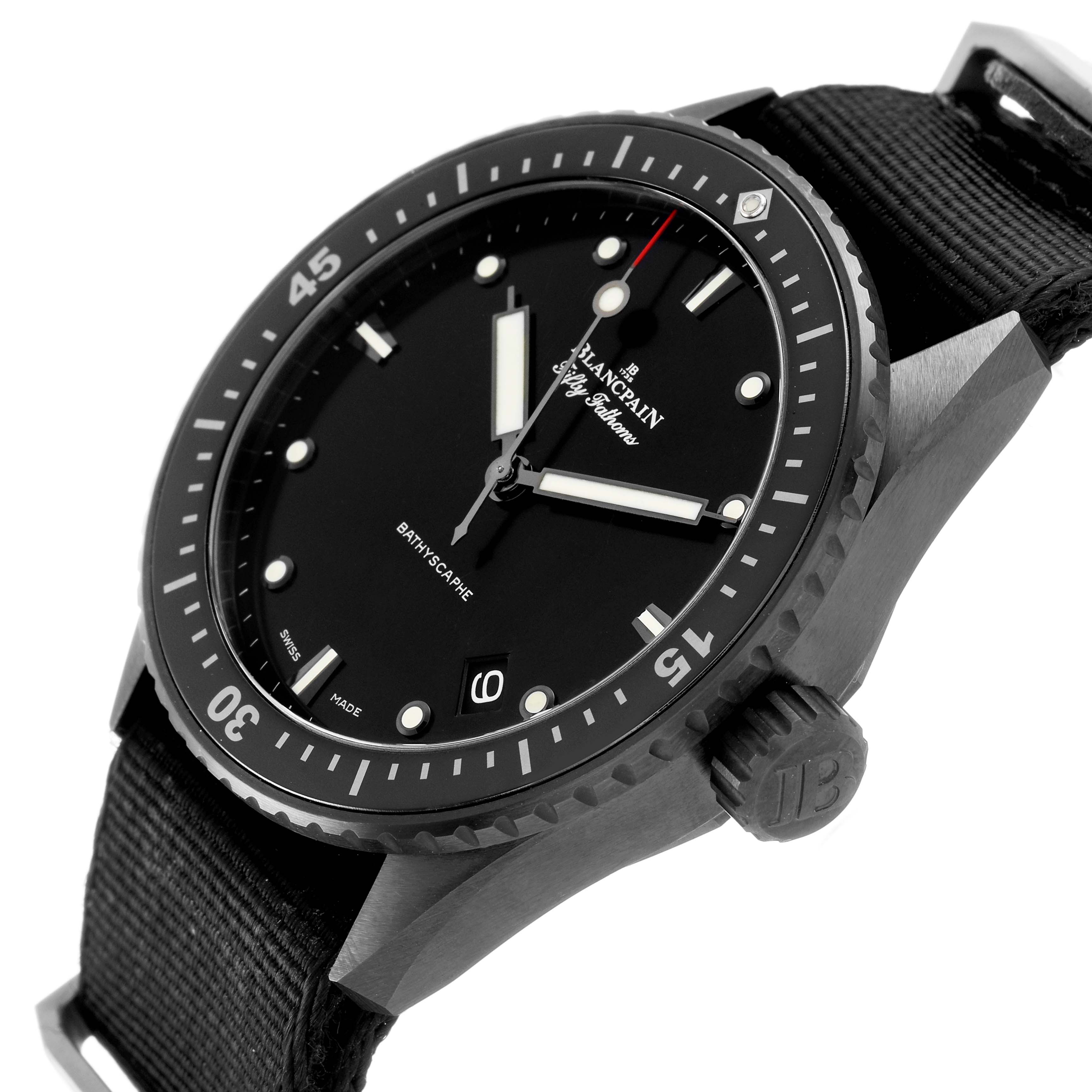 The Blancpain Fifty Fathoms 5000-0130-B52A Men's Stainless Steel Black Dial watch is shown at a slight angle, highlighting the bezel, crown, and face with a black strap.