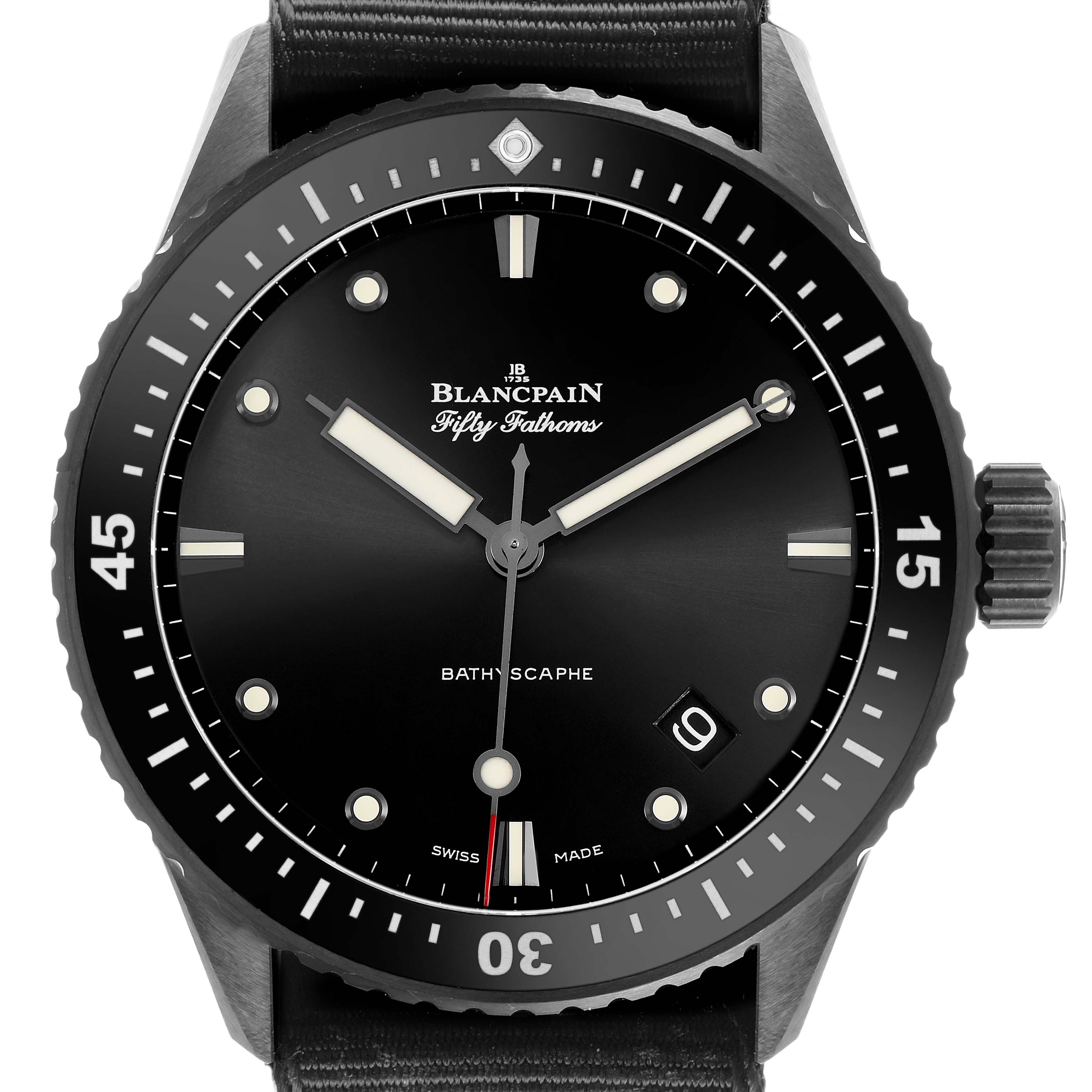 The image shows a front view of the Blancpain Fifty Fathoms 5000-0130-B52A Men's Stainless Steel Black Dial watch, highlighting the dial, bezel, and crown.