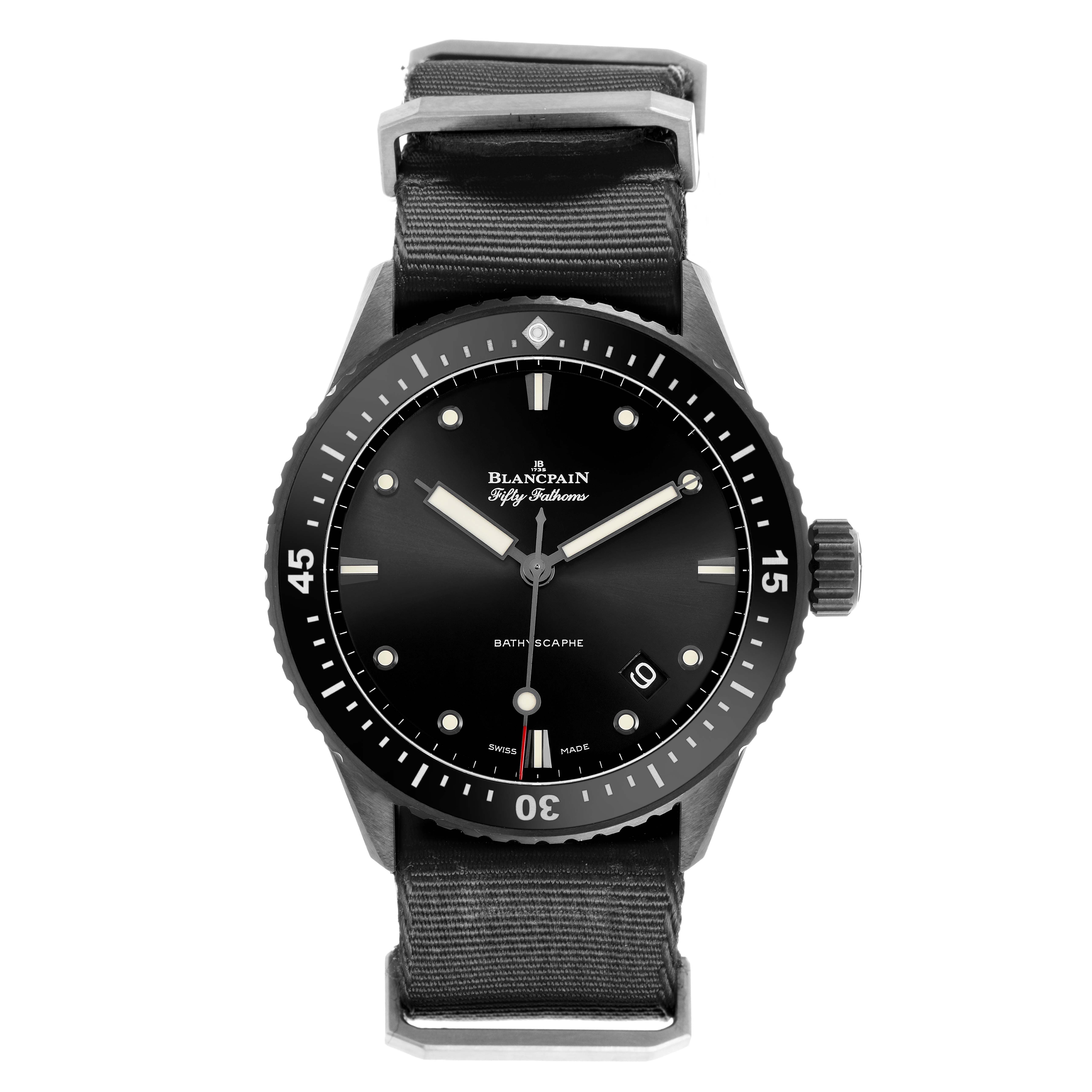 The Blancpain Fifty Fathoms 5000-0130-B52A Men's Stainless Steel Black Dial watch is shown from the front, highlighting its black dial, bezel, hands, markers, and fabric strap.