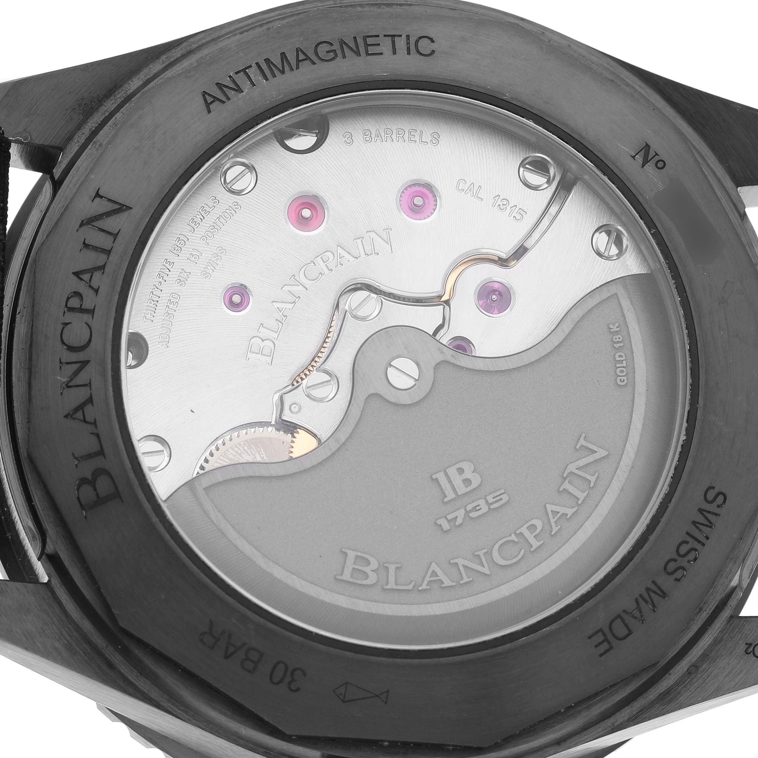 The image shows the back of a Blancpain Fifty Fathoms 5000-0130-B52A Men's Stainless Steel Black Dial watch, revealing its movement and "antimagnetic" marking.