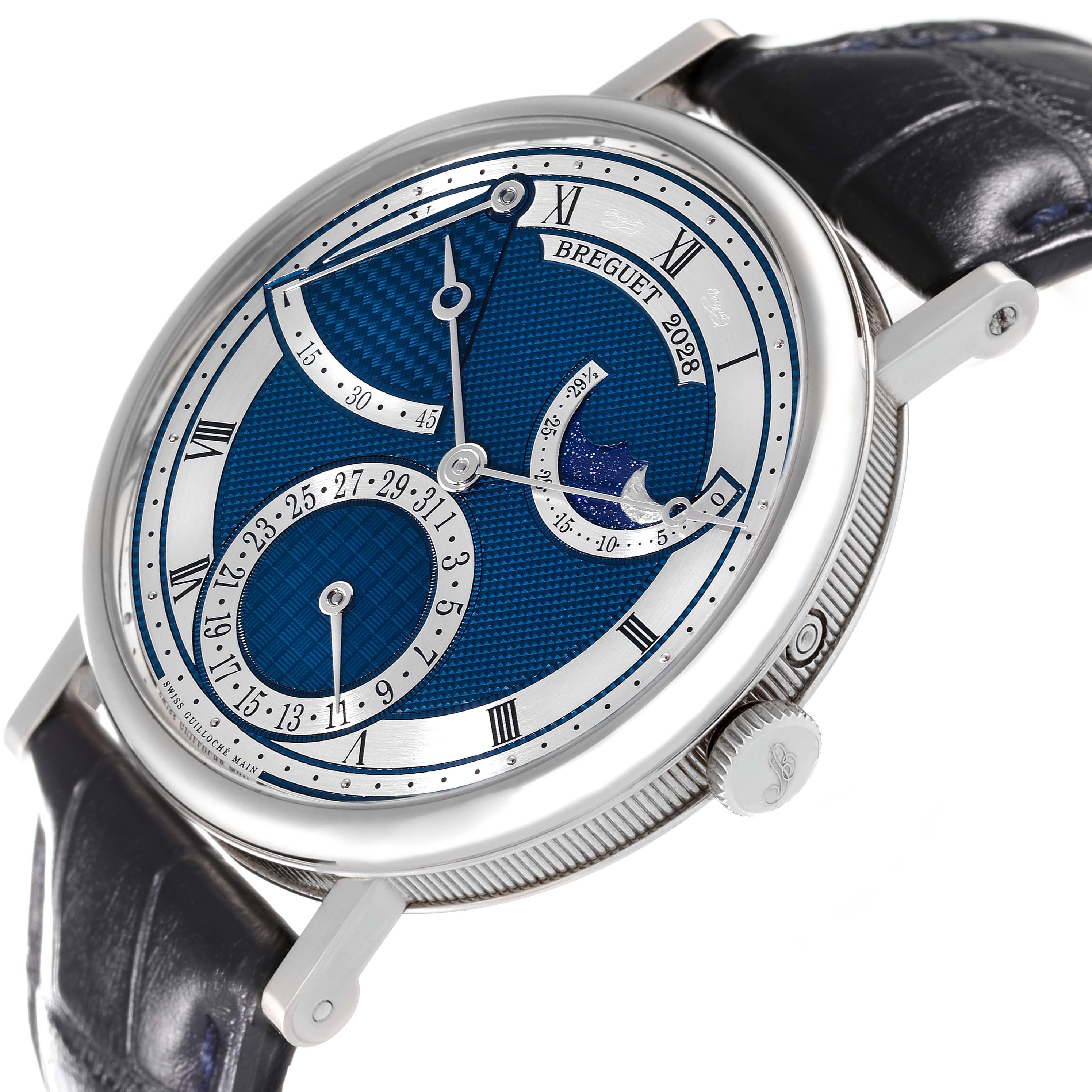 The image shows a Breguet Classique 7137BB/Y5/9VU Men's White Gold Blue Dial 7137BB/Y5/9VU Men's White Gold Blue Dial watch at a 45-degree angle, highlighting its blue dial, moon phase, and date sub-dial.