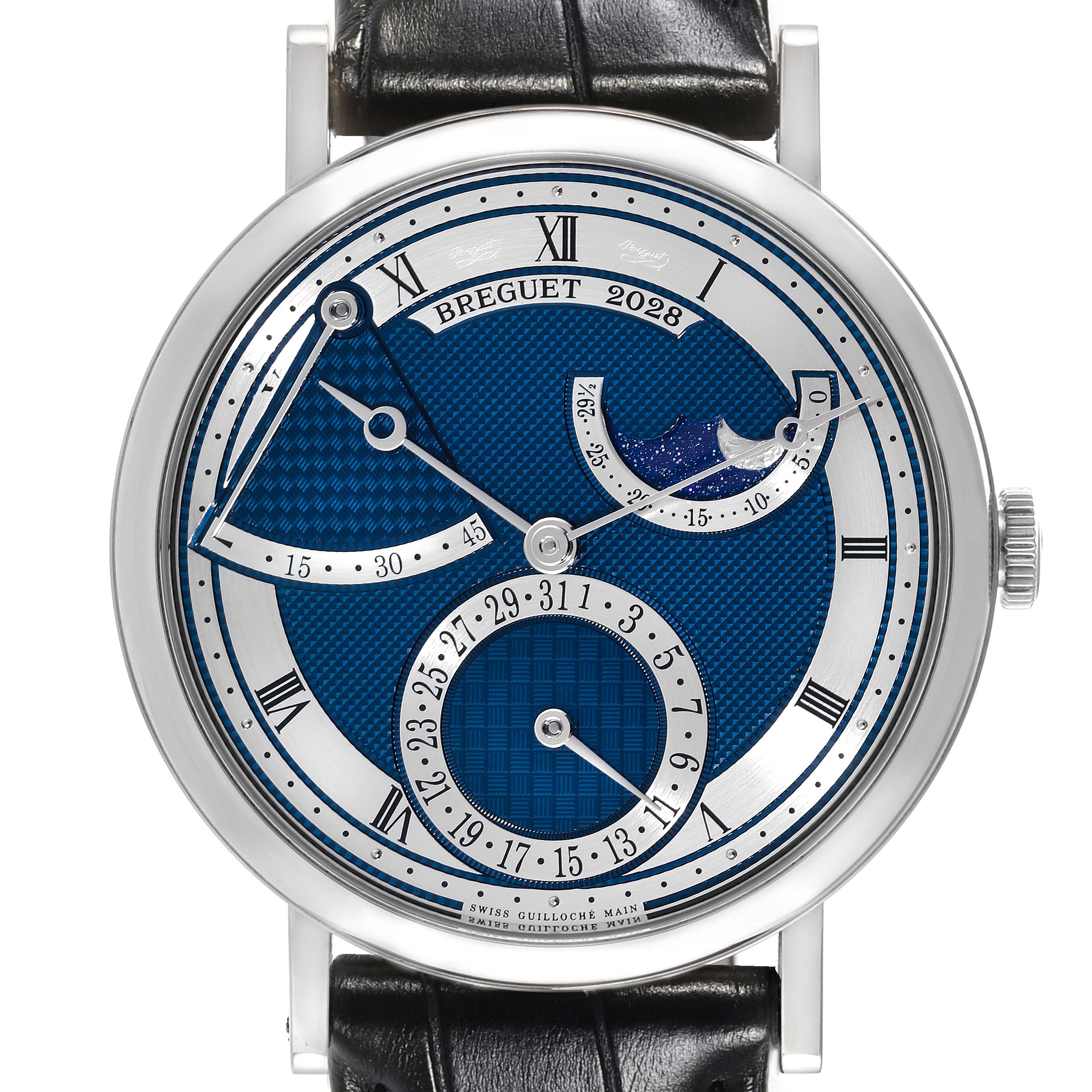 The image shows a front view of the Breguet Classique 7137BB/Y5/9VU Men's White Gold Blue Dial 7137BB/Y5/9VU Men's White Gold Blue Dial watch, displaying its blue dial, subdials, and Roman numeral hour markers.