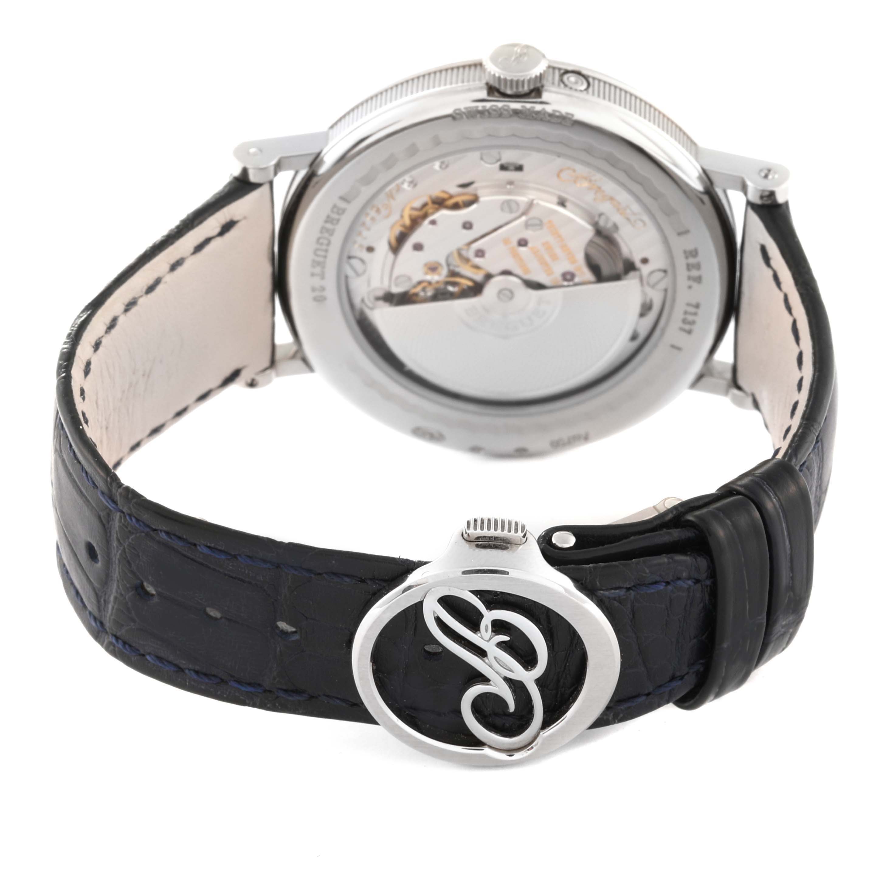 The image shows the back and side view of the Breguet Classique 7137BB/Y5/9VU Men's White Gold Blue Dial 7137BB/Y5/9VU Men's White Gold Blue Dial watch, highlighting the movement and leather strap.
