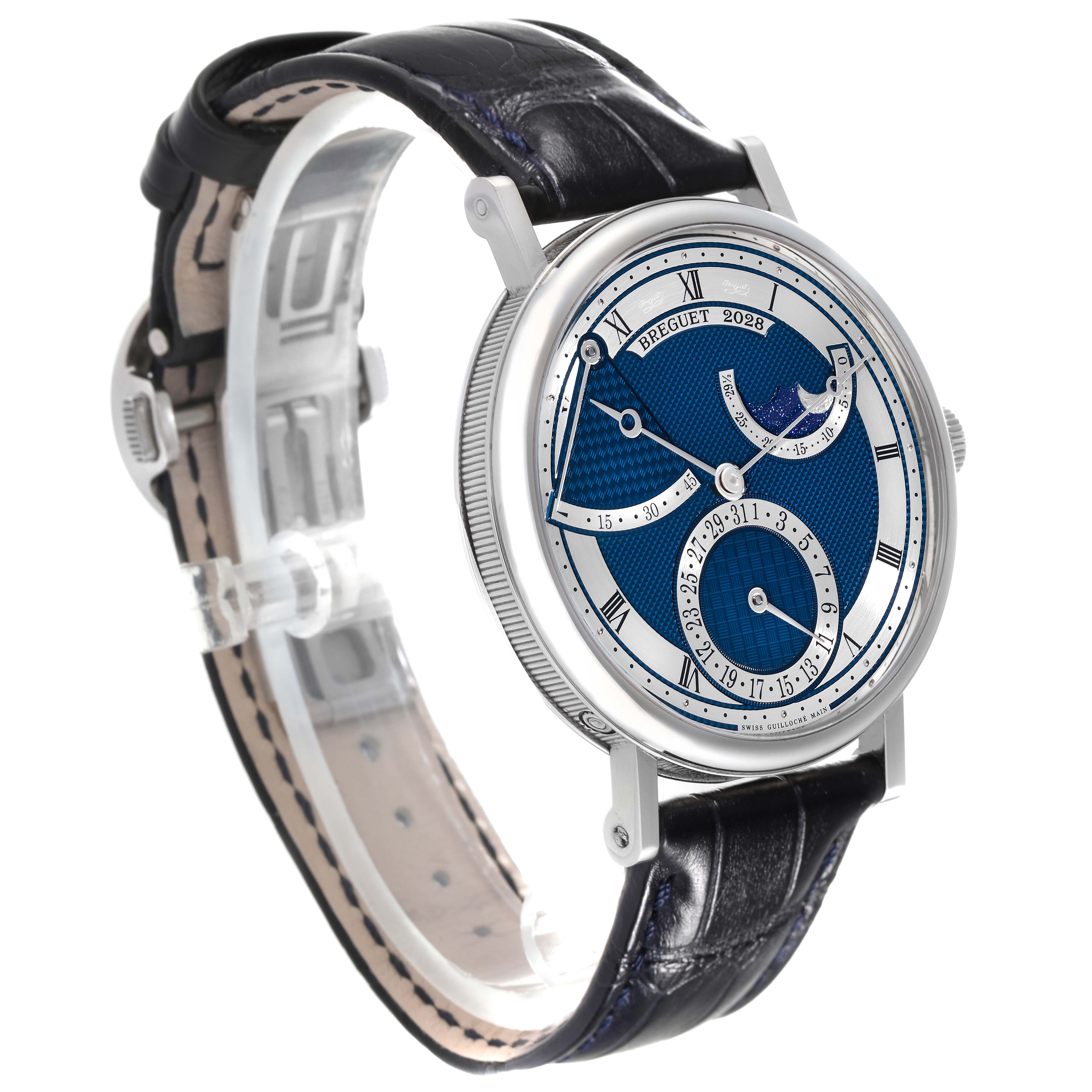 This image shows the Breguet Classique 7137BB/Y5/9VU Men's White Gold Blue Dial 7137BB/Y5/9VU Men's White Gold Blue Dial watch at an angle, highlighting the face, dials, and black leather strap.