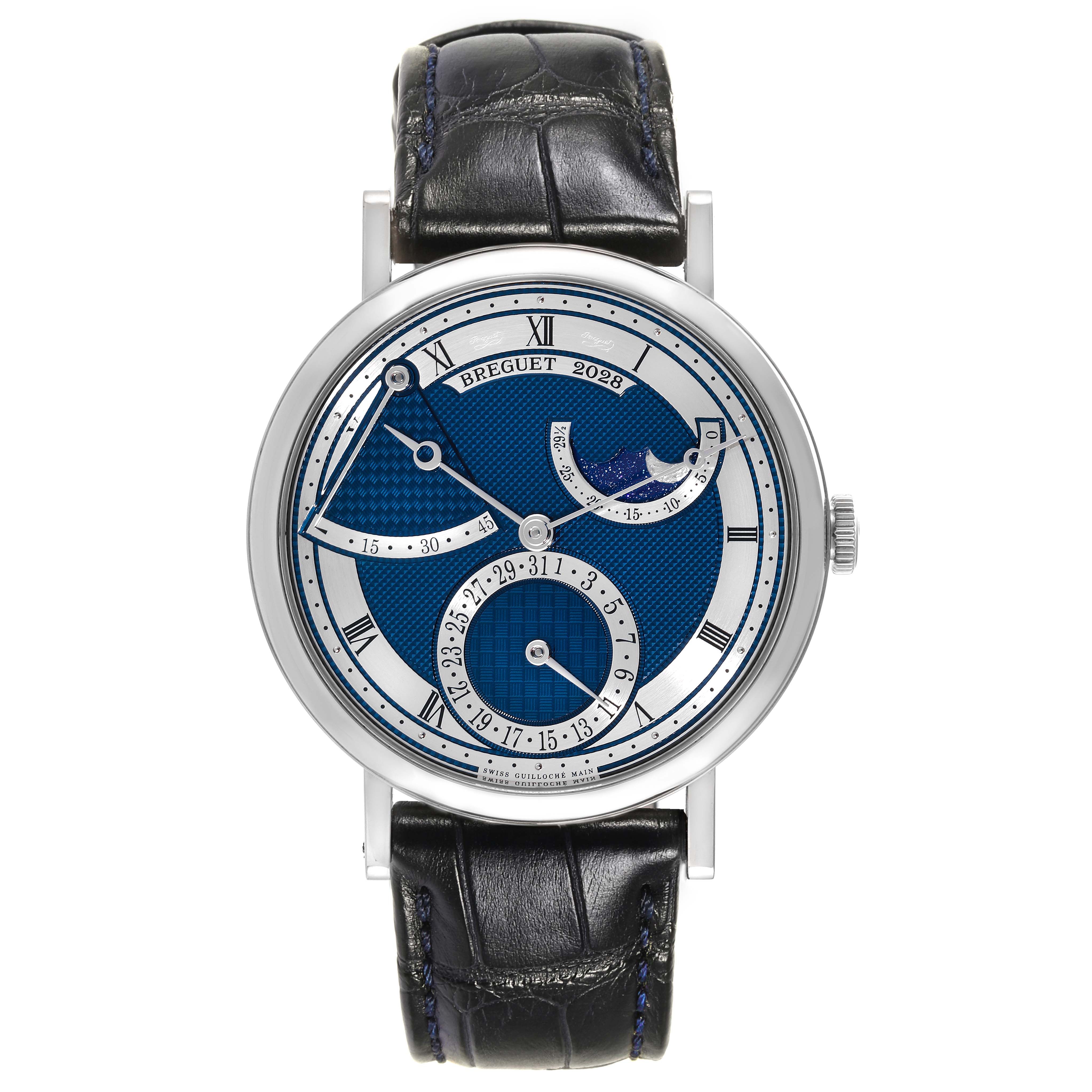 The image shows a front view of the Breguet Classique 7137BB/Y5/9VU Men's White Gold Blue Dial 7137BB/Y5/9VU Men's White Gold Blue Dial model watch, highlighting the dial and leather strap.