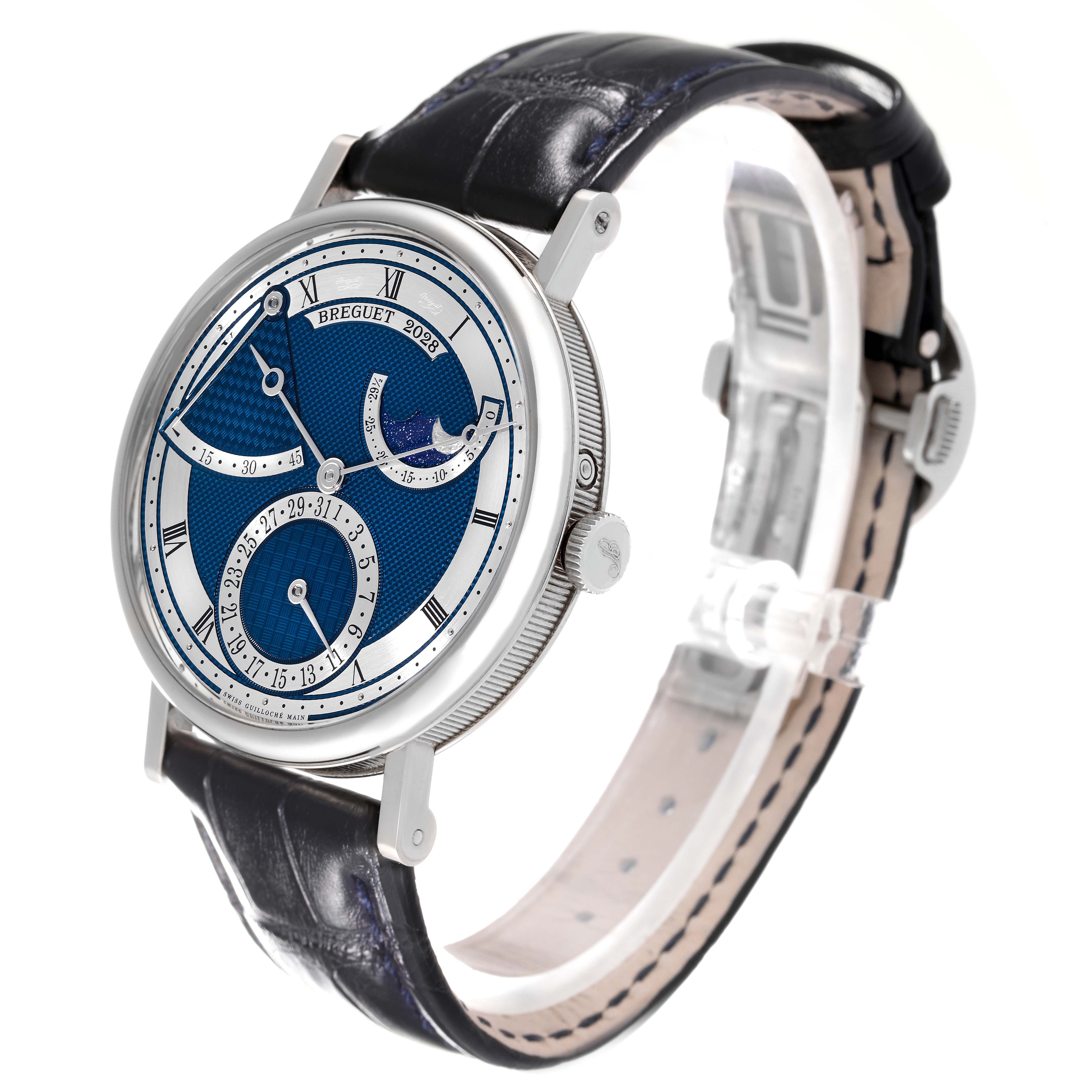 The image shows a Breguet Classique 7137BB/Y5/9VU Men's White Gold Blue Dial 7137BB/Y5/9VU Men's White Gold Blue Dial watch at a 3/4 angle, highlighting the face, case, and leather strap.