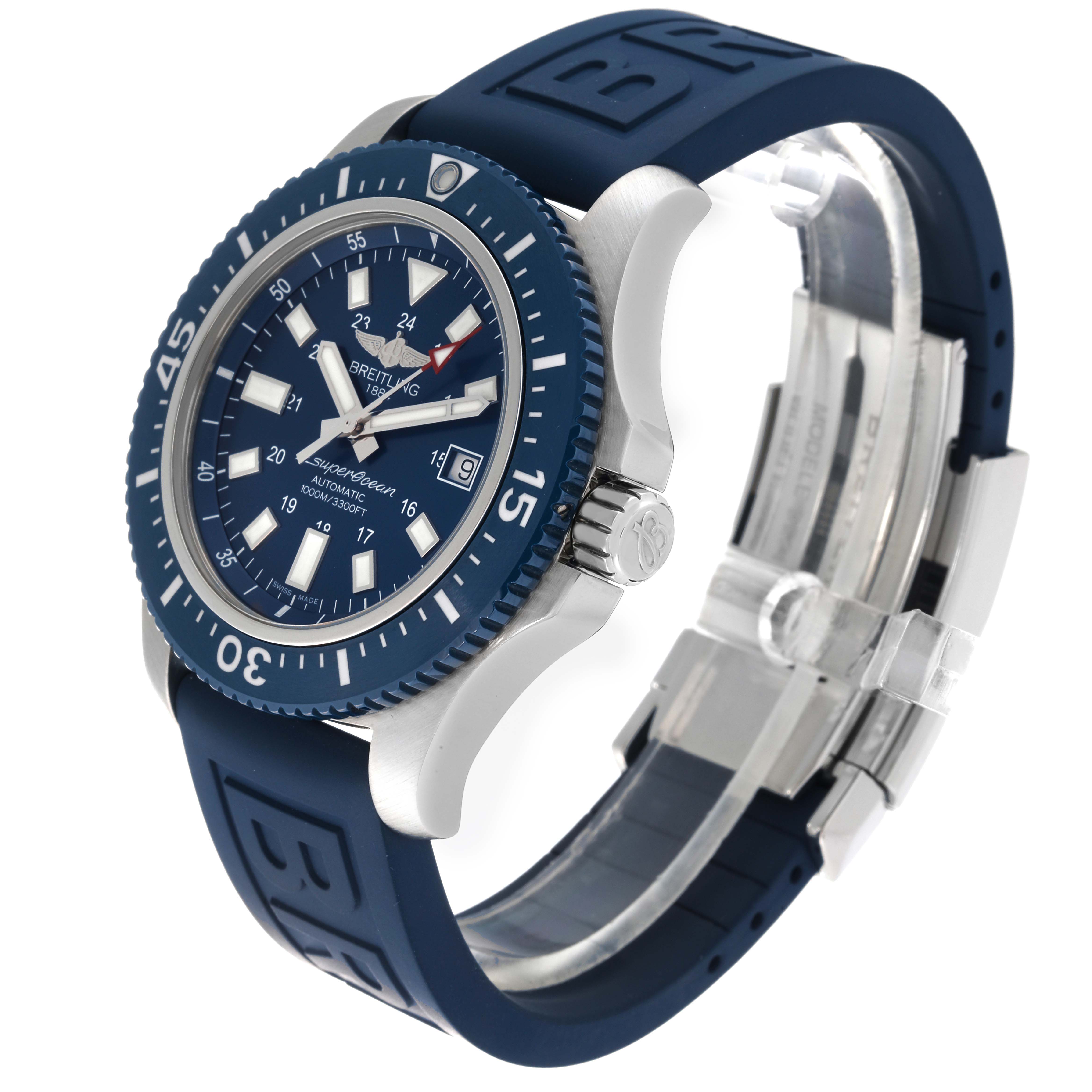 The image showcases a Breitling Superocean Y17393 Men's Stainless Steel Blue Dial Y17393 Men's Stainless Steel Blue Dial watch from a three-quarters angle, highlighting the dial, bezel, case, and strap.