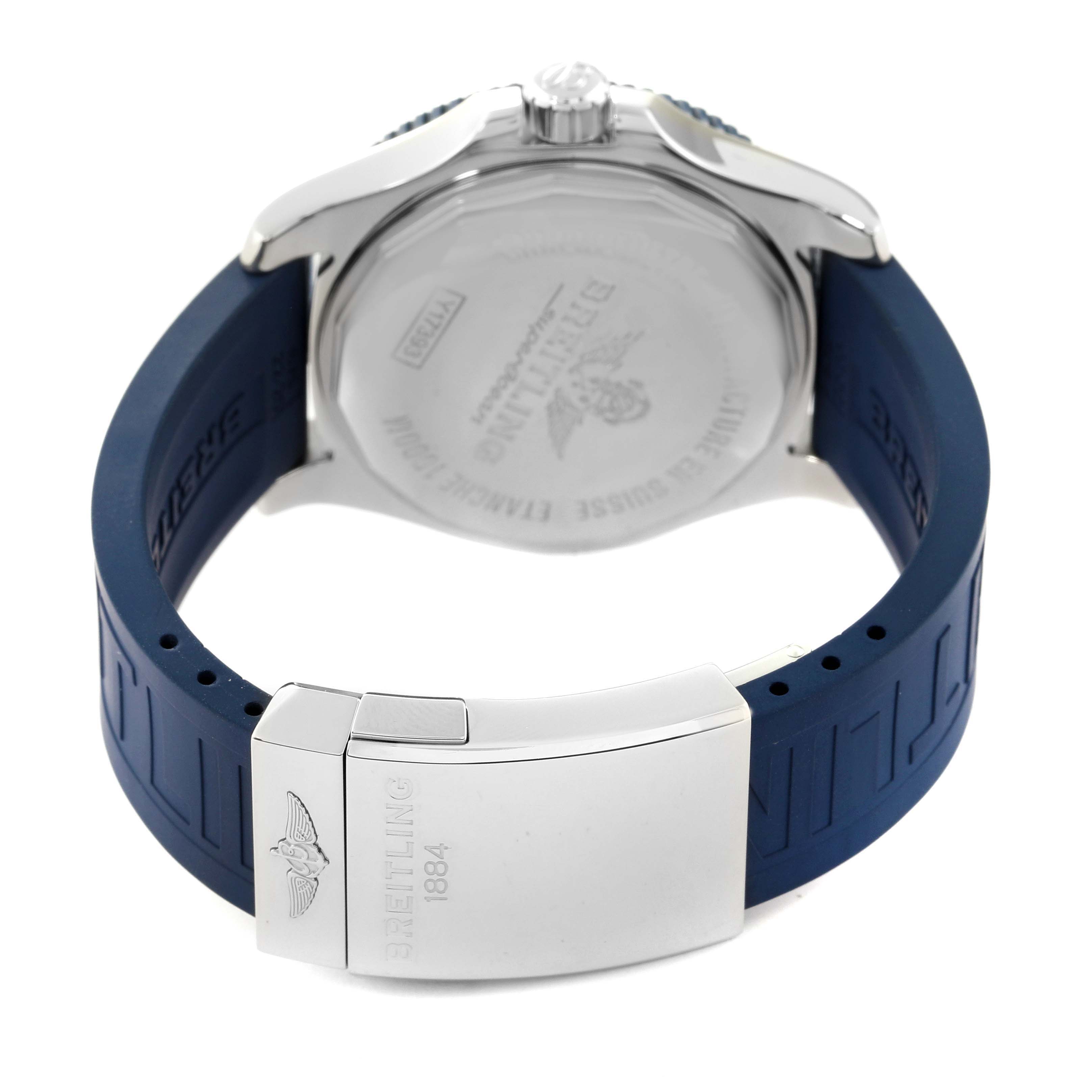The image shows the back view of a Breitling Superocean Y17393 Men's Stainless Steel Blue Dial Y17393 Men's Stainless Steel Blue Dial watch, highlighting the clasp, strap, and case back.