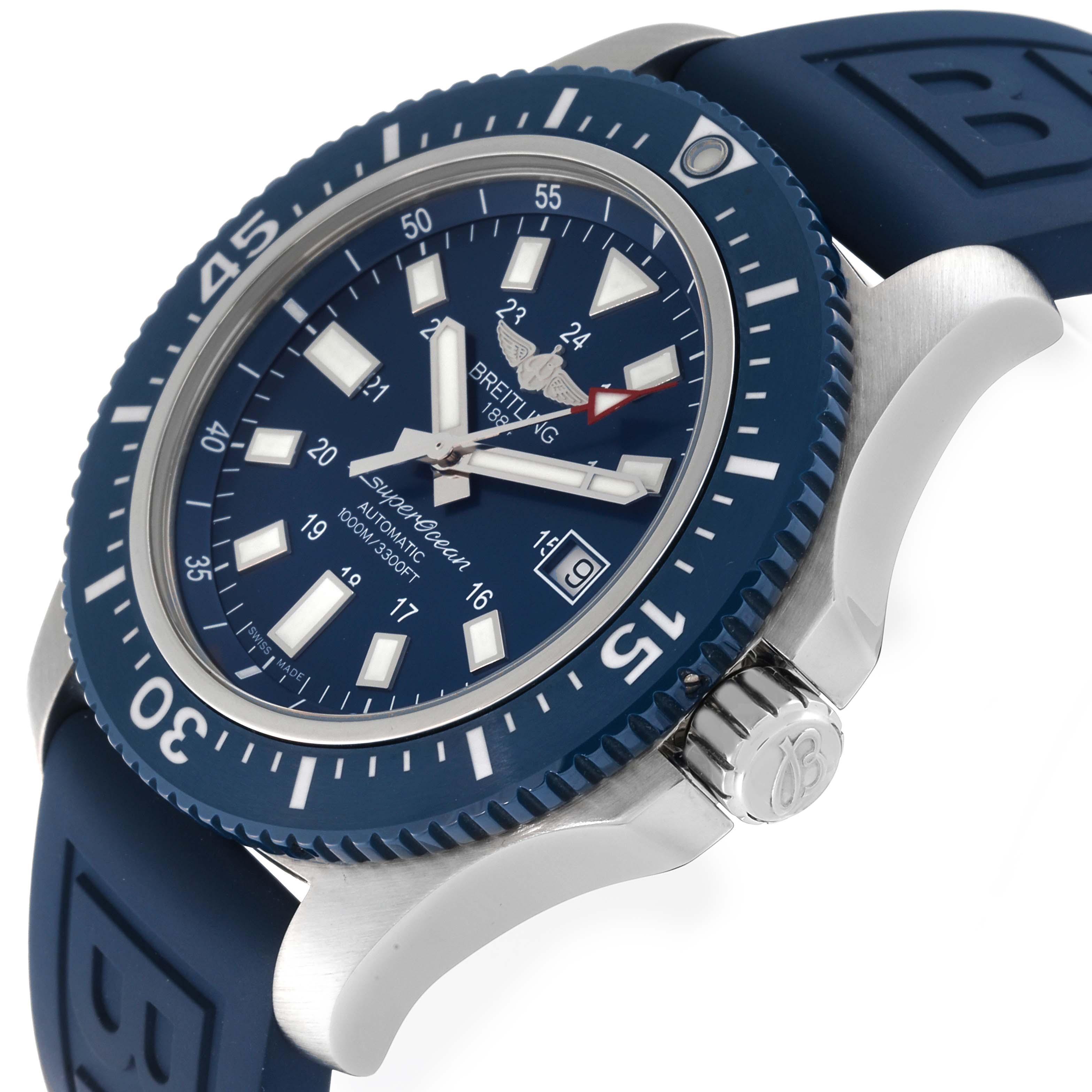 The image shows a Breitling Superocean Y17393 Men's Stainless Steel Blue Dial Y17393 Men's Stainless Steel Blue Dial watch at an angled side view, highlighting its blue dial, bezel, and rubber strap.
