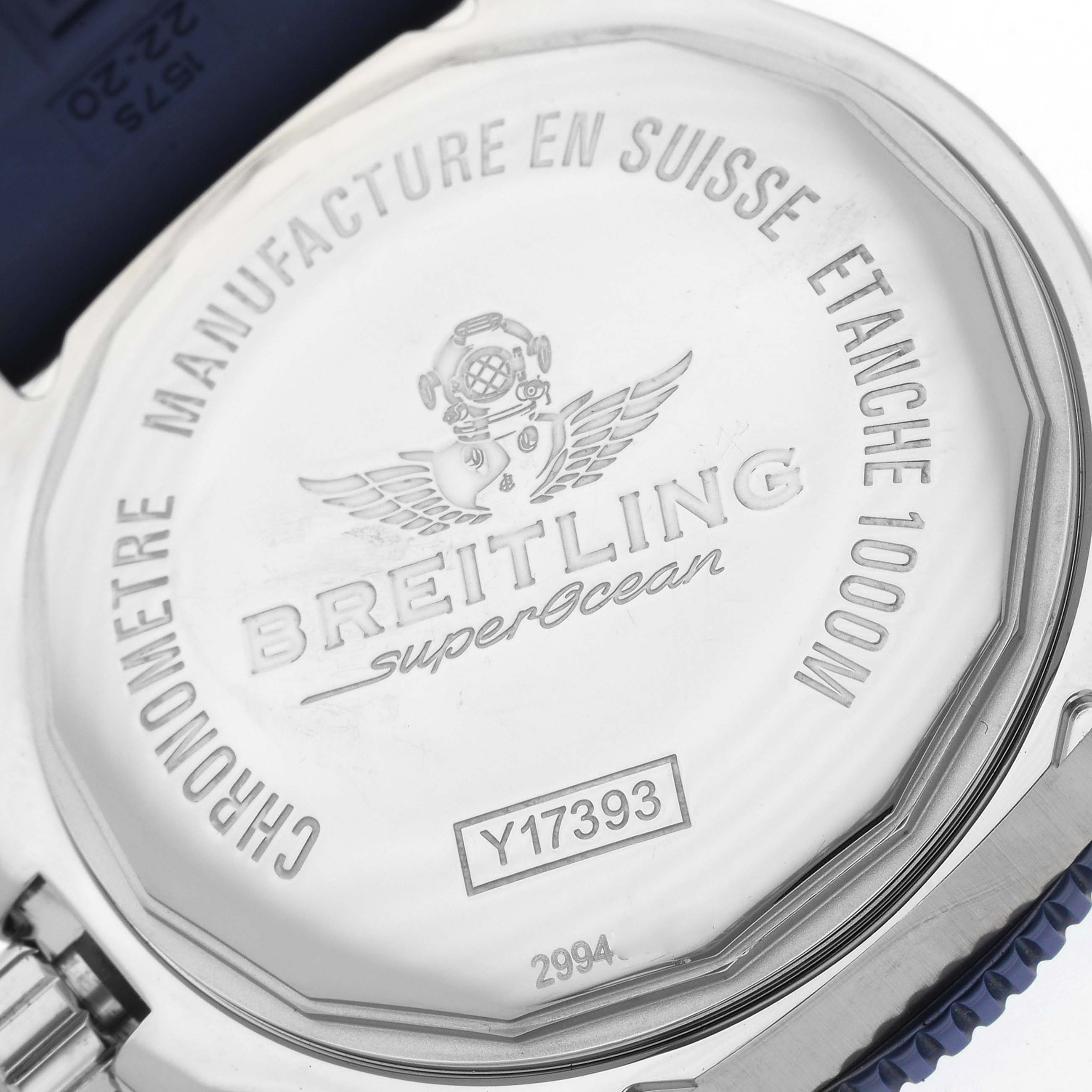 The image shows the back case of a Breitling Superocean Y17393 Men's Stainless Steel Blue Dial Y17393 Men's Stainless Steel Blue Dial watch, highlighting its engravings and model number.