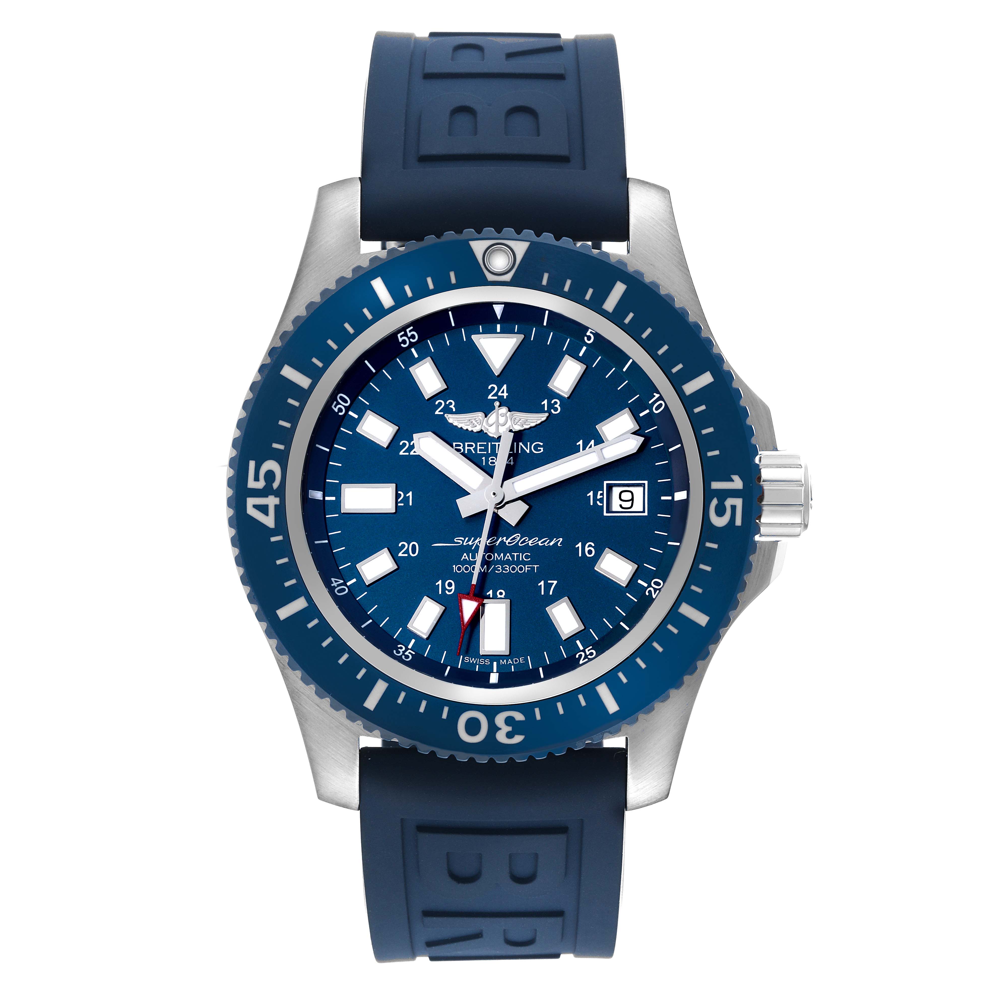 The image shows a front view of a Breitling Superocean Y17393 Men's Stainless Steel Blue Dial Y17393 Men's Stainless Steel Blue Dial watch, highlighting the dial, bezel, hands, and blue rubber strap.
