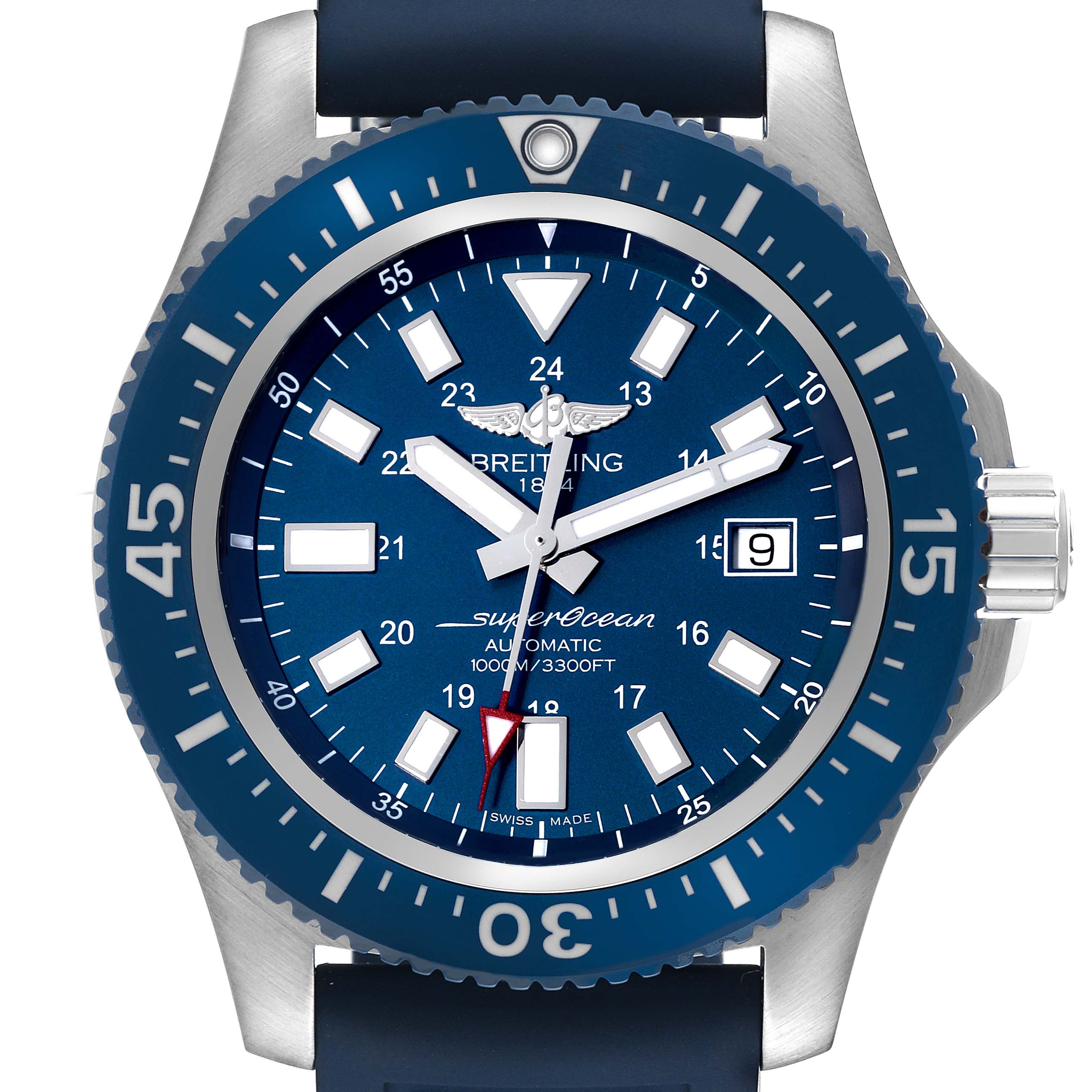 The image shows a front view of the Breitling Superocean Y17393 Men's Stainless Steel Blue Dial Y17393 Men's Stainless Steel Blue Dial watch, highlighting its blue dial, bezel, and luminescent hands.