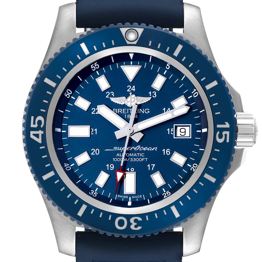 The image shows a front view of the Breitling Superocean watch, highlighting its blue dial, bezel, and luminescent hands.