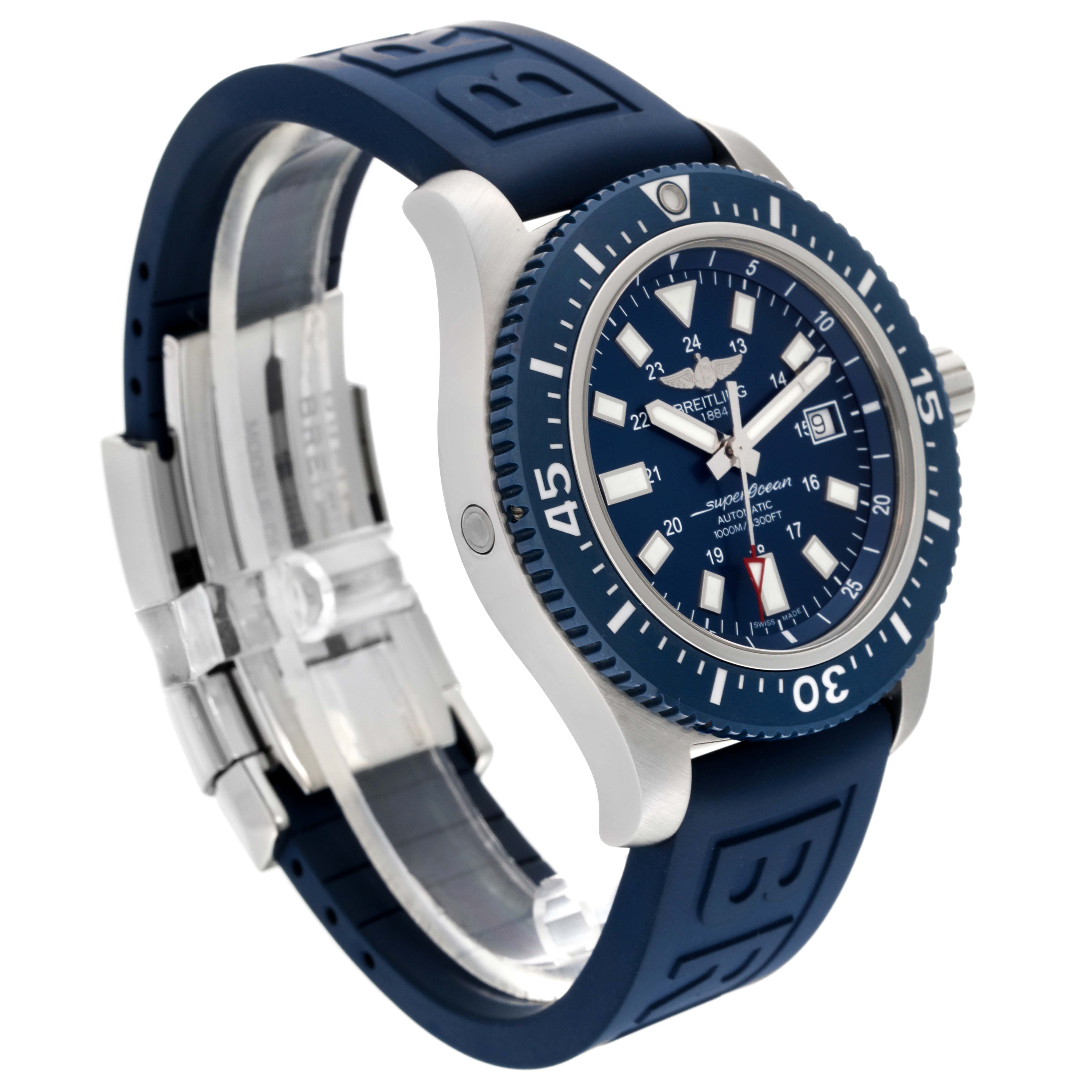 The image shows a side angle of the Breitling Superocean Y17393 Men's Stainless Steel Blue Dial Y17393 Men's Stainless Steel Blue Dial watch, highlighting its blue bezel, dial, and rubber strap.