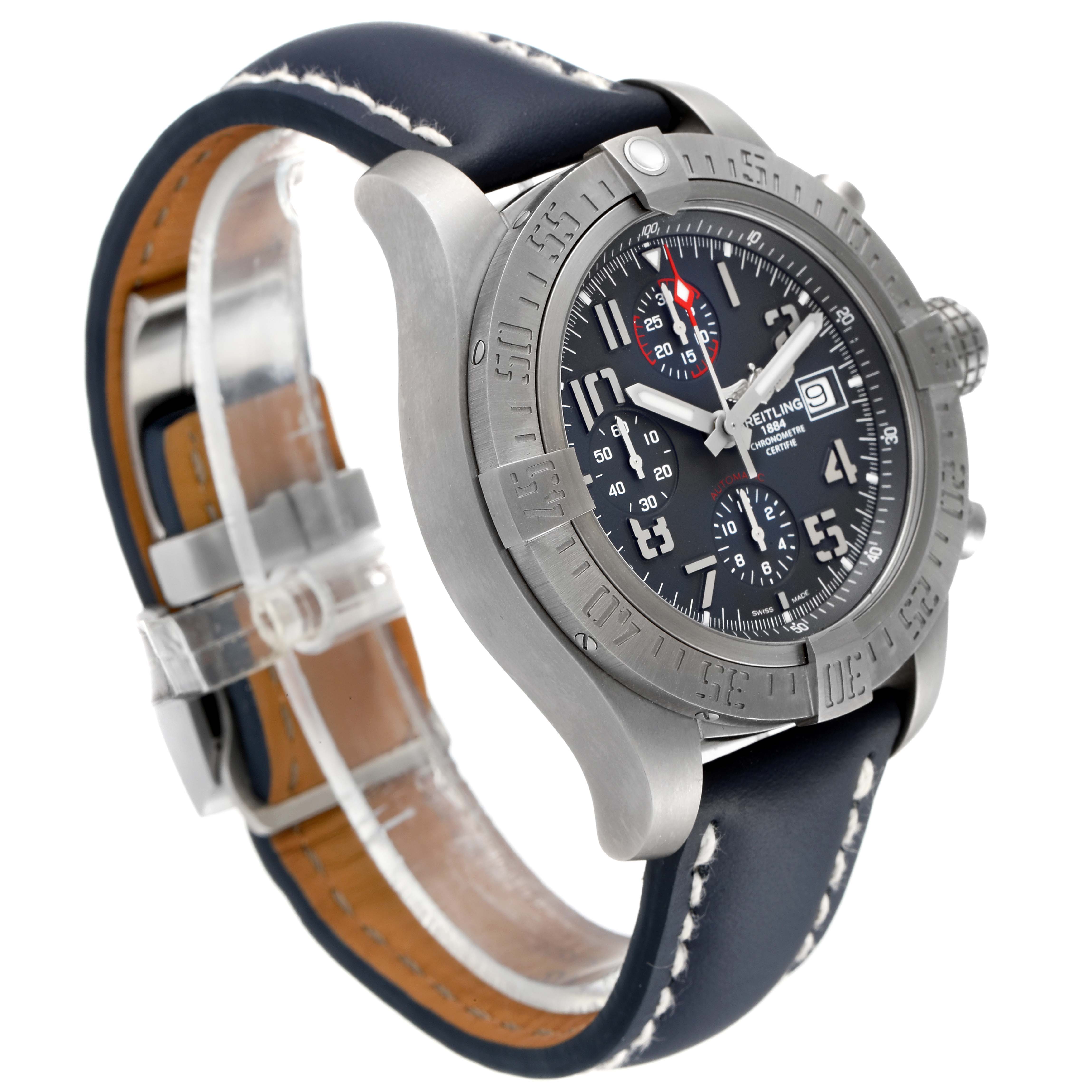 The image shows a side and slightly angled view of the Breitling Avenger E1338310/M536-109W Men's Titanium Grey Dial E1338310/M536-109W Men's Titanium Grey Dial watch, highlighting its bezel, dial, and leather strap.