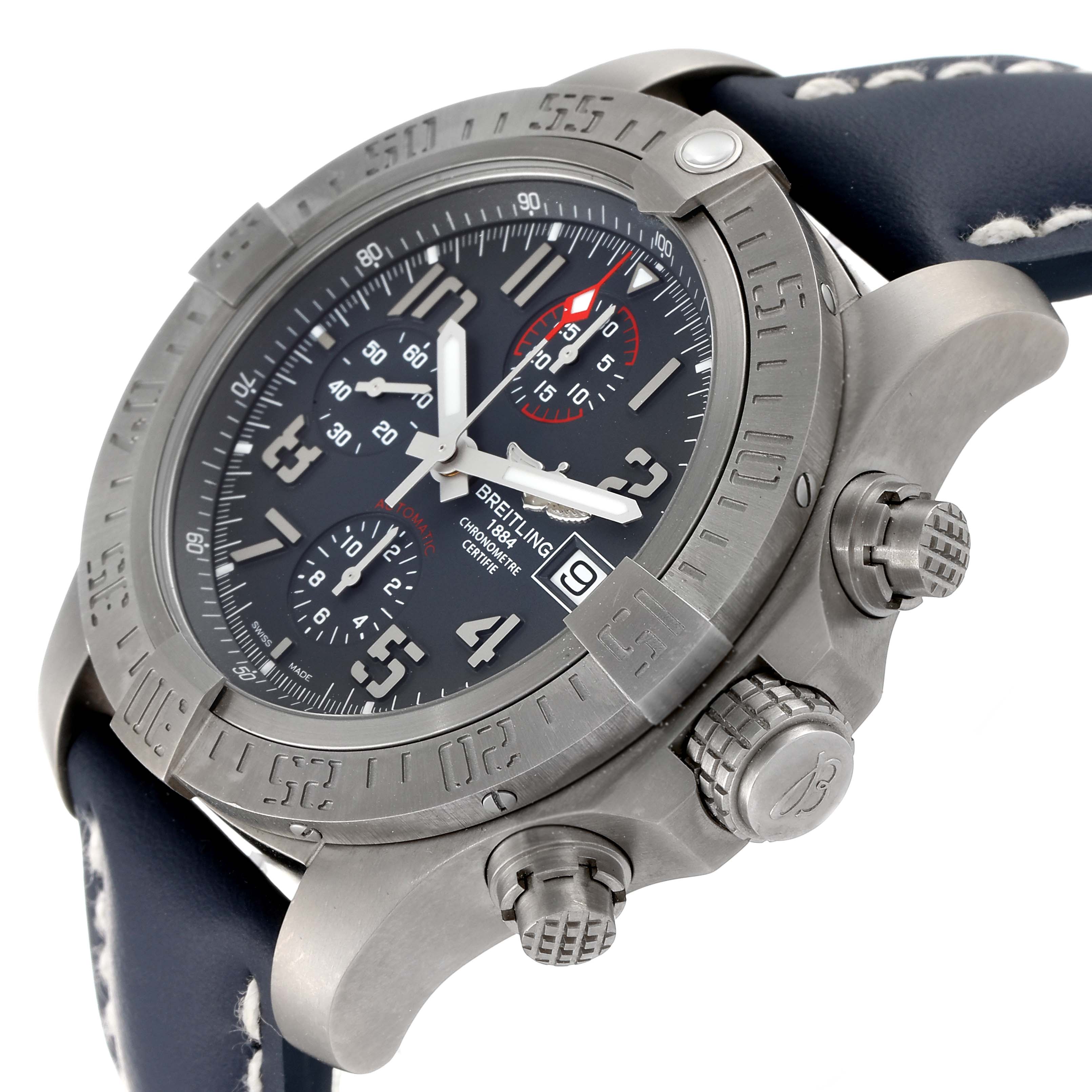 The image shows a close-up side angle of a Breitling Avenger E1338310/M536-109W Men's Titanium Grey Dial E1338310/M536-109W Men's Titanium Grey Dial watch, highlighting the dial, bezel, and crown.