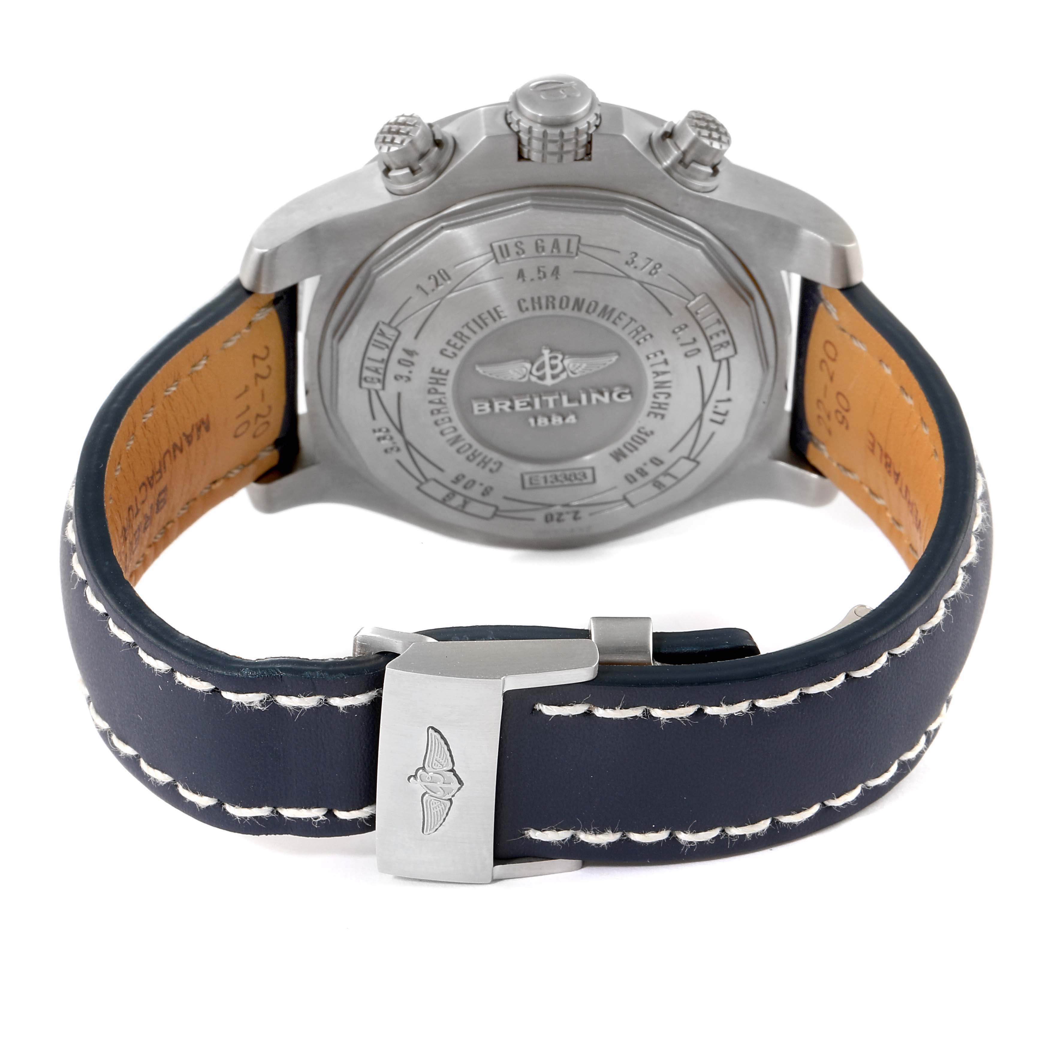 This image shows the back and clasp of a Breitling Avenger E1338310/M536-109W Men's Titanium Grey Dial E1338310/M536-109W Men's Titanium Grey Dial watch with a leather strap and detailed engraving on the case back.