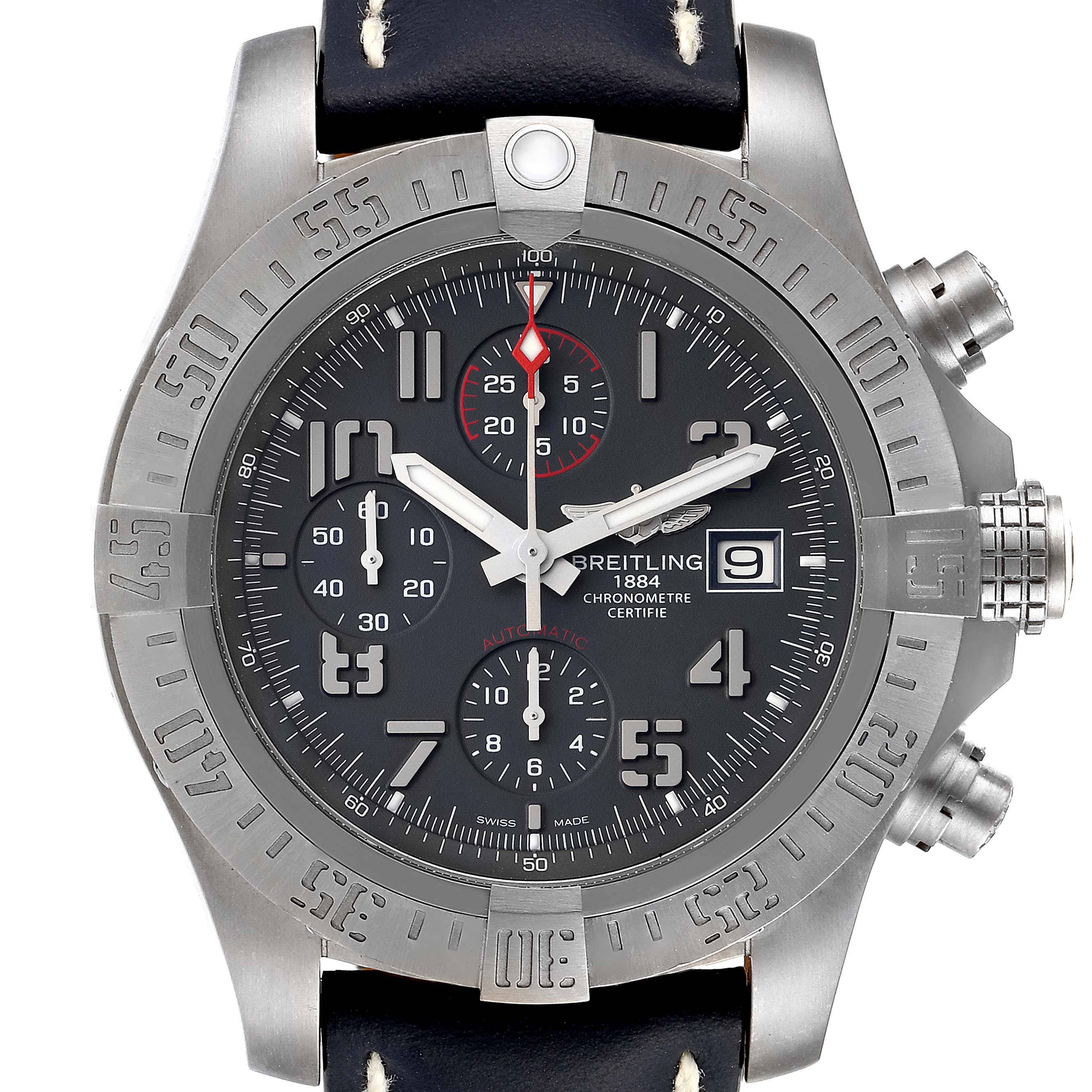The image shows the front view of a Breitling Avenger E1338310/M536-109W Men's Titanium Grey Dial E1338310/M536-109W Men's Titanium Grey Dial watch, highlighting its dial, bezel, and chronograph subdials.