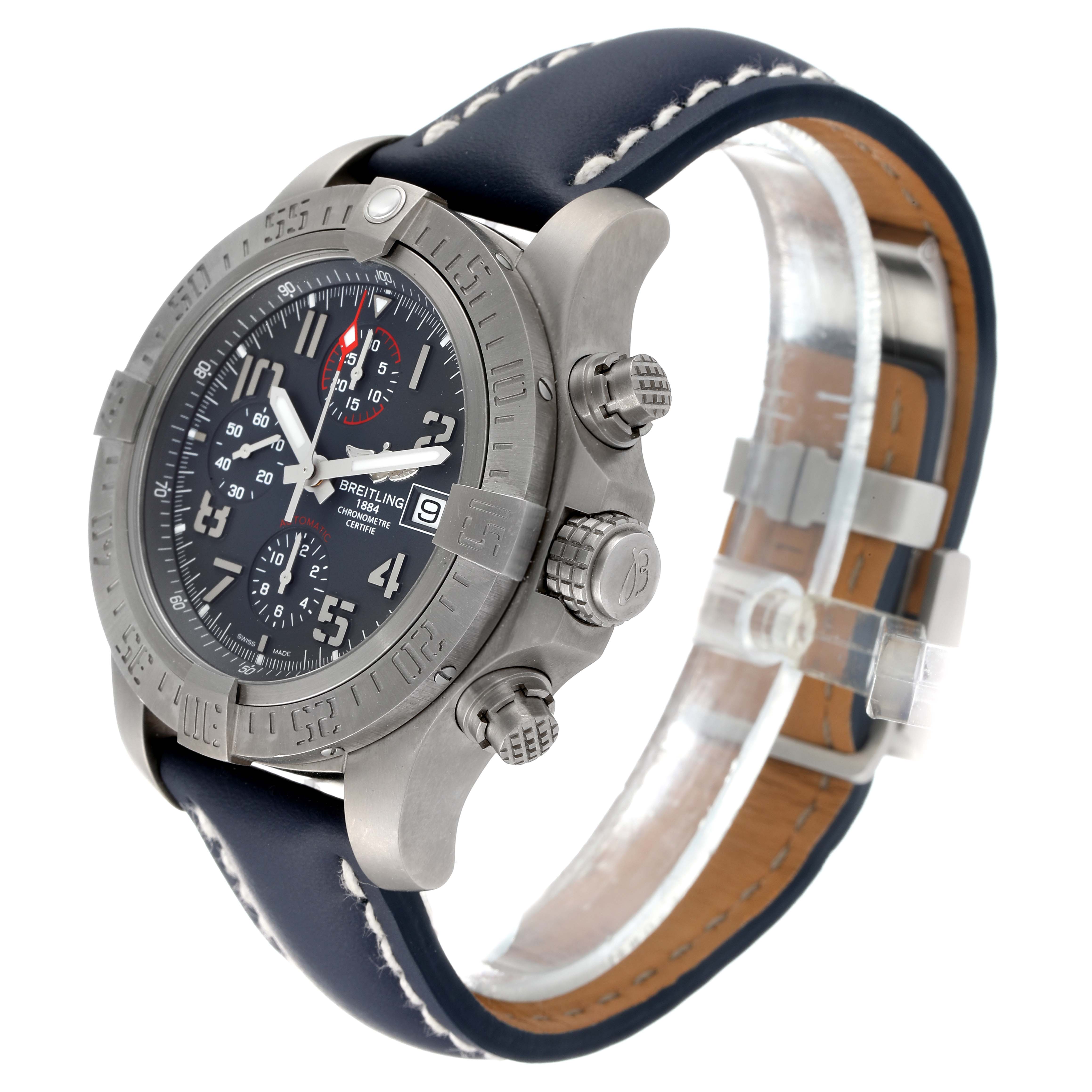 Side angle view of the Breitling Avenger E1338310/M536-109W Men's Titanium Grey Dial E1338310/M536-109W Men's Titanium Grey Dial watch, showing the dial, bezel, crown, pushers, and leather strap.