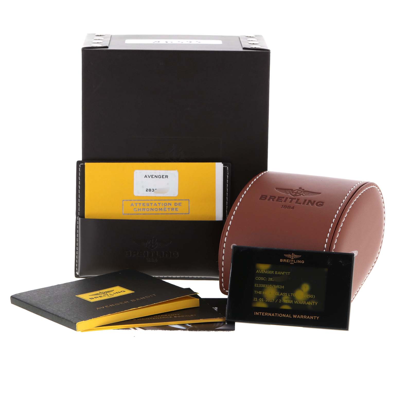 The image shows the Breitling Avenger E1338310/M536-109W Men's Titanium Grey Dial E1338310/M536-109W Men's Titanium Grey Dial watch box, case, instruction manuals, and warranty card, viewed from the front.