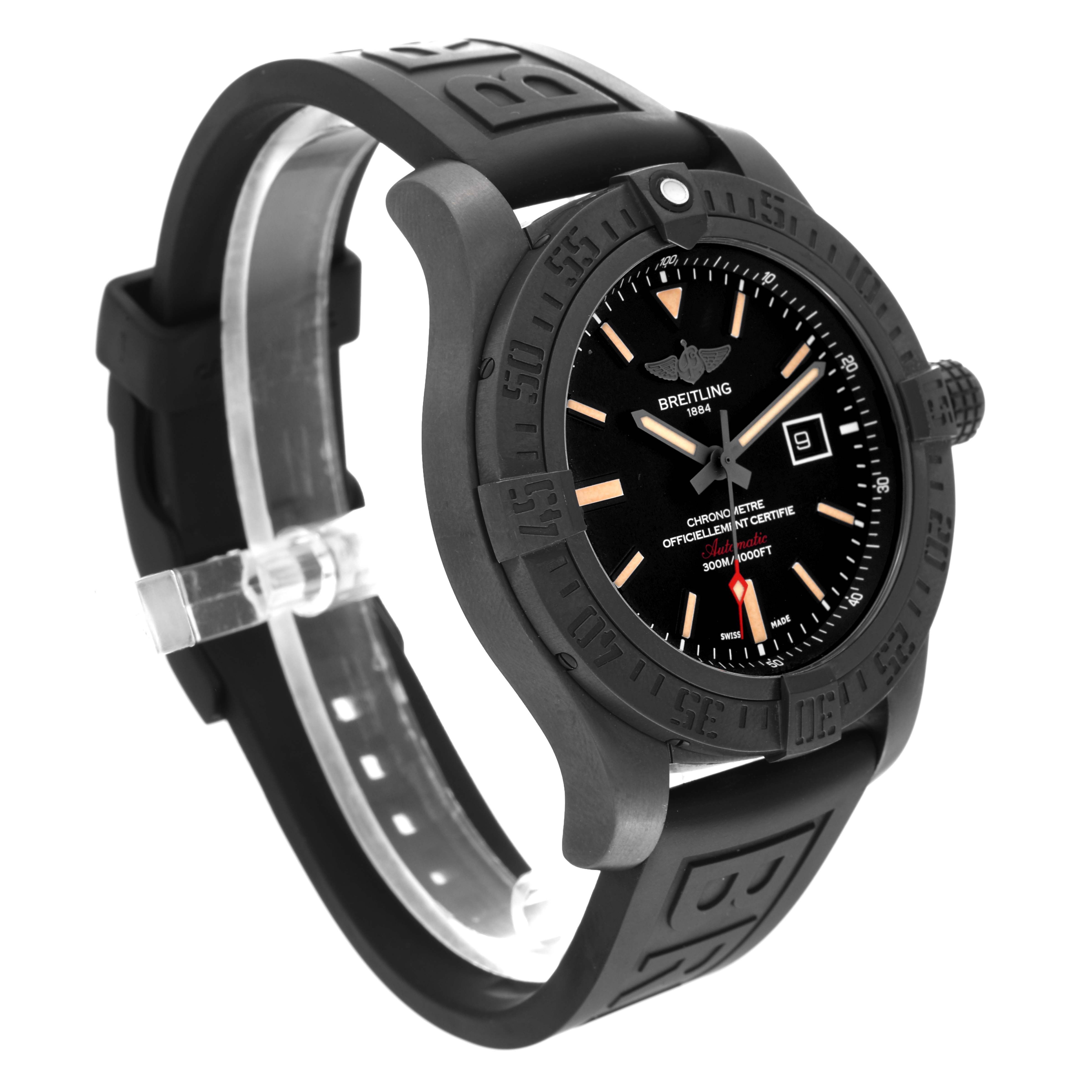 The Breitling Avenger V17310 Men's Titanium Black Dial V17310 Men's Titanium Black Dial watch is shown at a three-quarter angle, highlighting its face, bezel, strap, and crown.