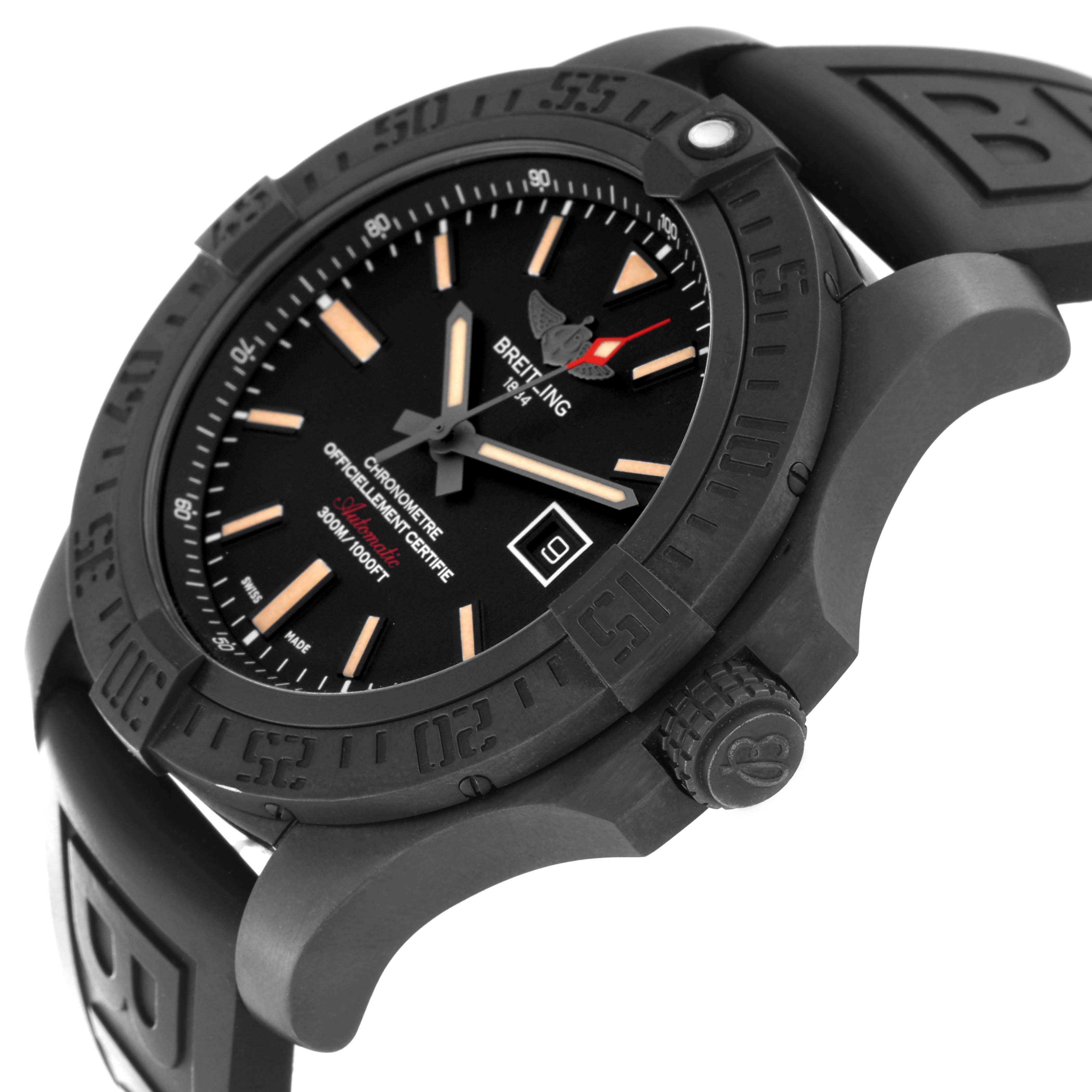 The image shows a side-angle view of the Breitling Avenger V17310 Men's Titanium Black Dial V17310 Men's Titanium Black Dial model watch, highlighting the bezel, dial, crown, and part of the strap.