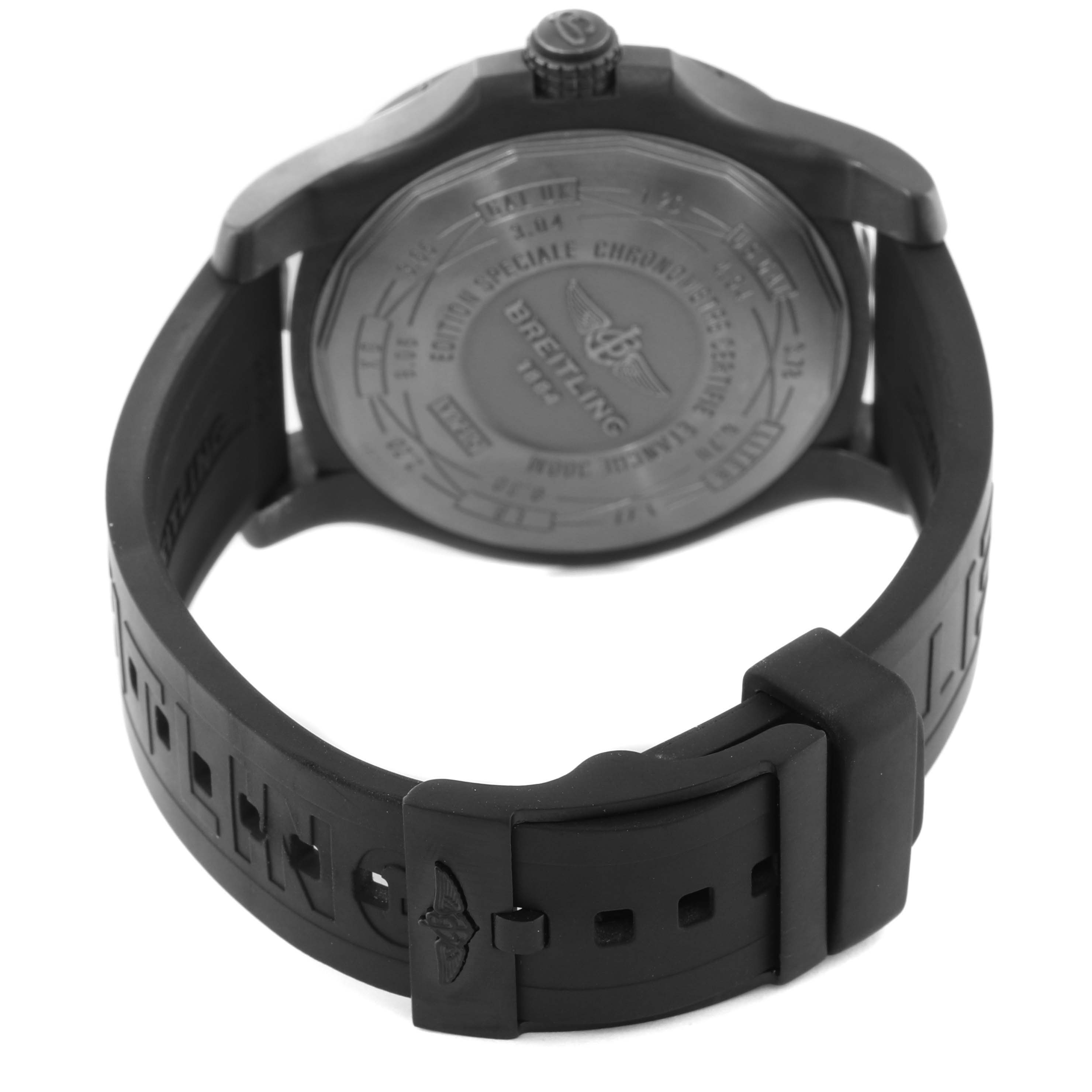 The image shows the back view of a Breitling Avenger V17310 Men's Titanium Black Dial V17310 Men's Titanium Black Dial watch, highlighting the case back and rubber strap with a buckle.