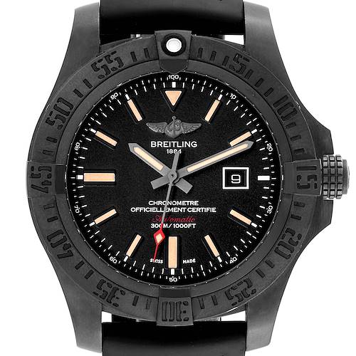 This image shows a front view of a Breitling Avenger watch, highlighting its dial, bezel, and part of the strap.