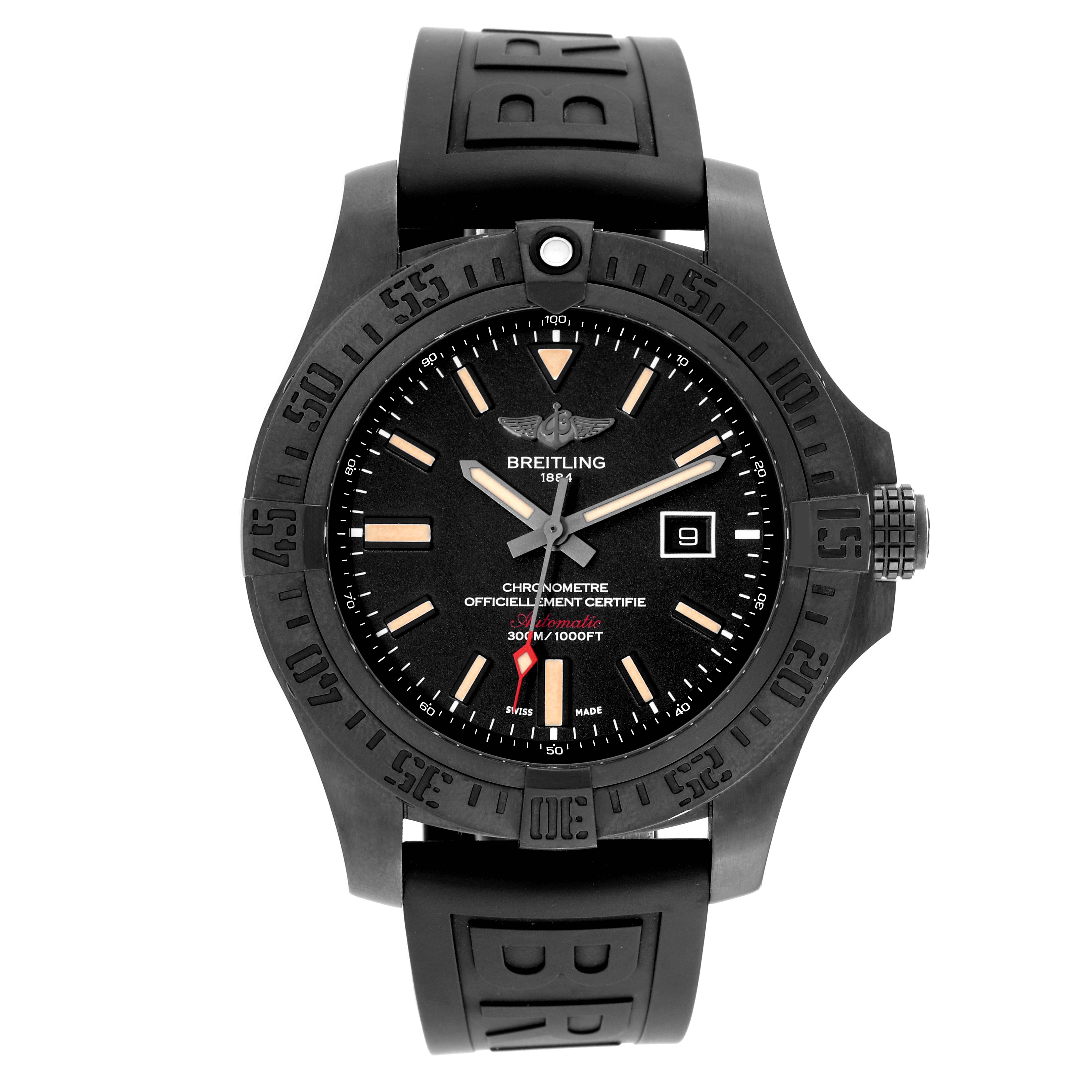 The image shows a frontal view of the Breitling Avenger V17310 Men's Titanium Black Dial V17310 Men's Titanium Black Dial watch, displaying the bezel, dial, hands, and strap.